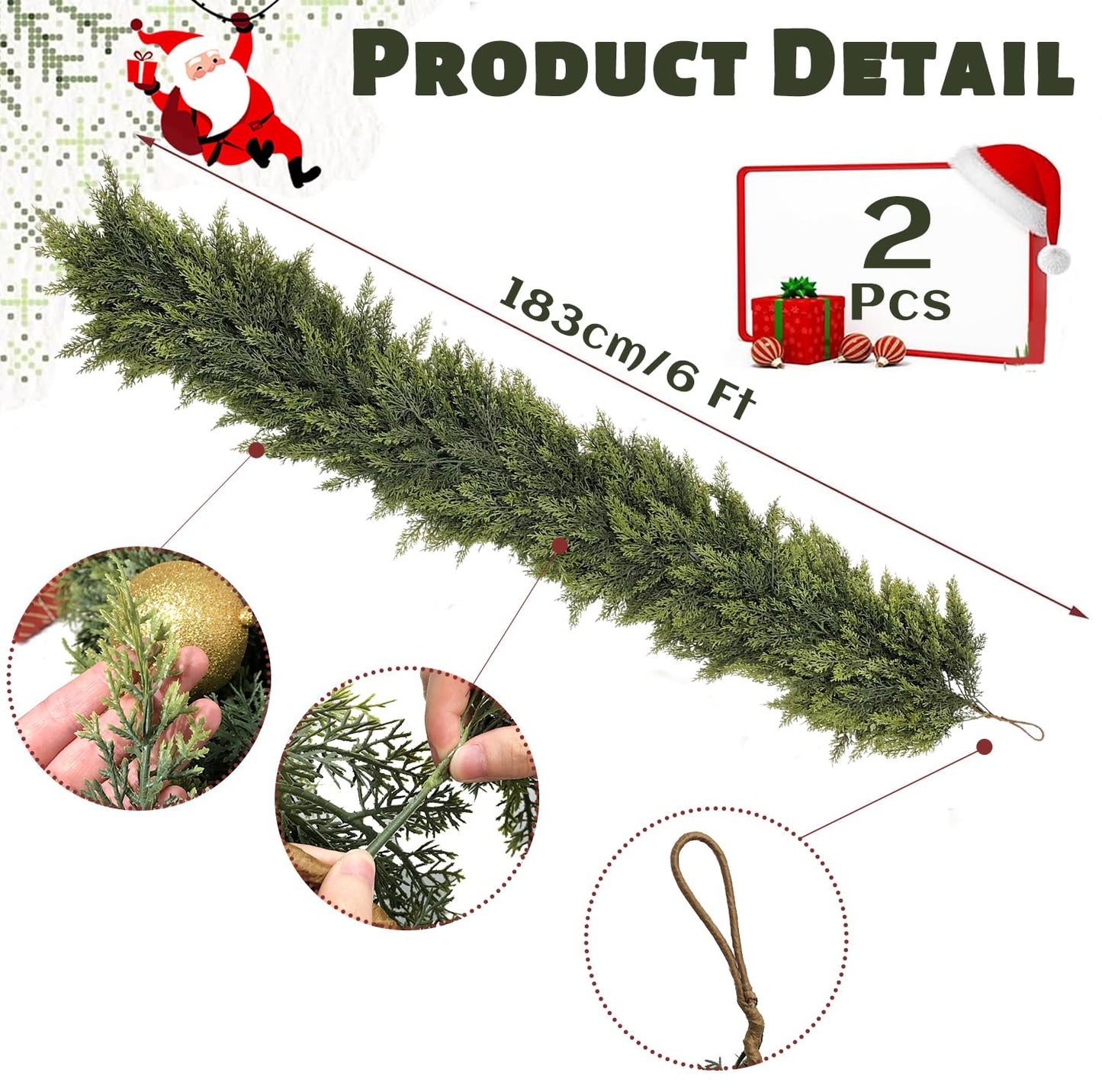 2 Pcs Christmas Garland, Christmas Decorations, 6FT Real Touch Cedar Garland, Artificial Cypress Garlands for Mantle Fireplace Door Table Wall Upstairs Indoor Outdoor Holiday Xmas Decor