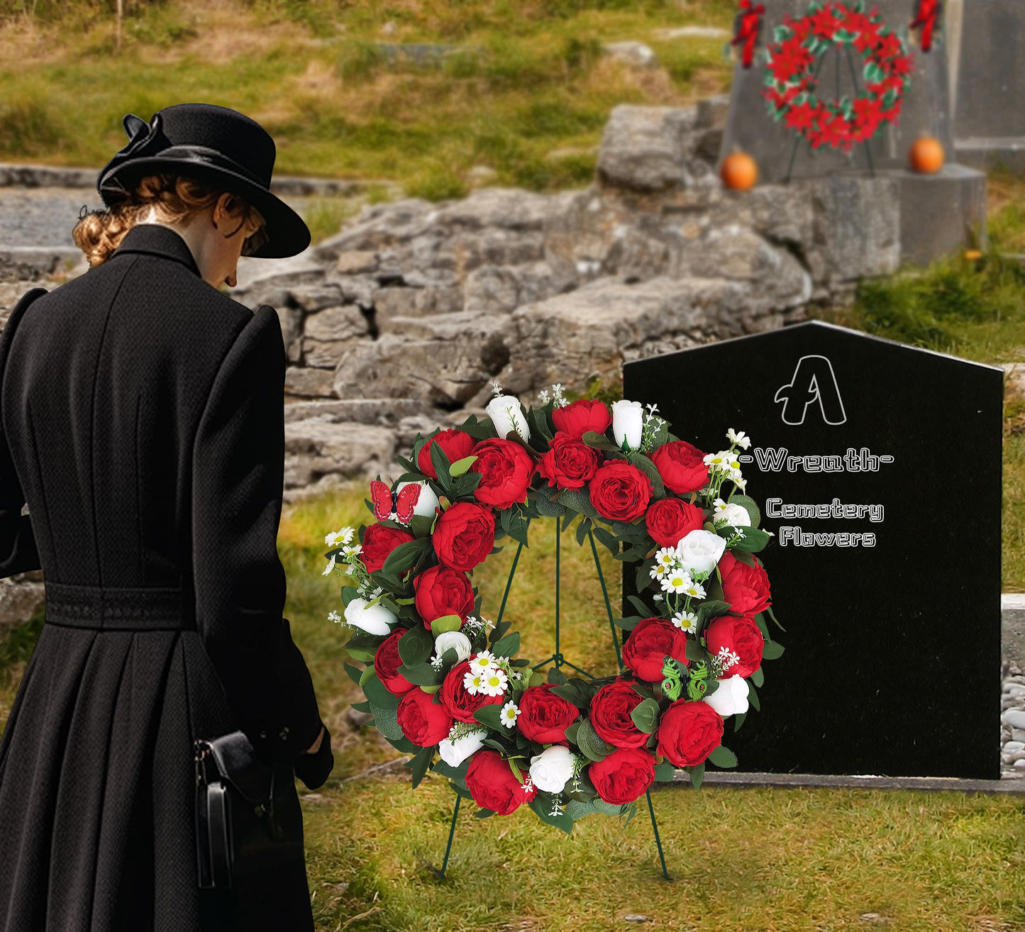 AILVEMEE Cemetery Wreaths for Graves,Christmas Wreath for Cemetery,Memorial Day Grave Wreath,Headstone Wreaths on Metal Stand,Spring Artificial Flower Wreath:Red Peony,White Rose