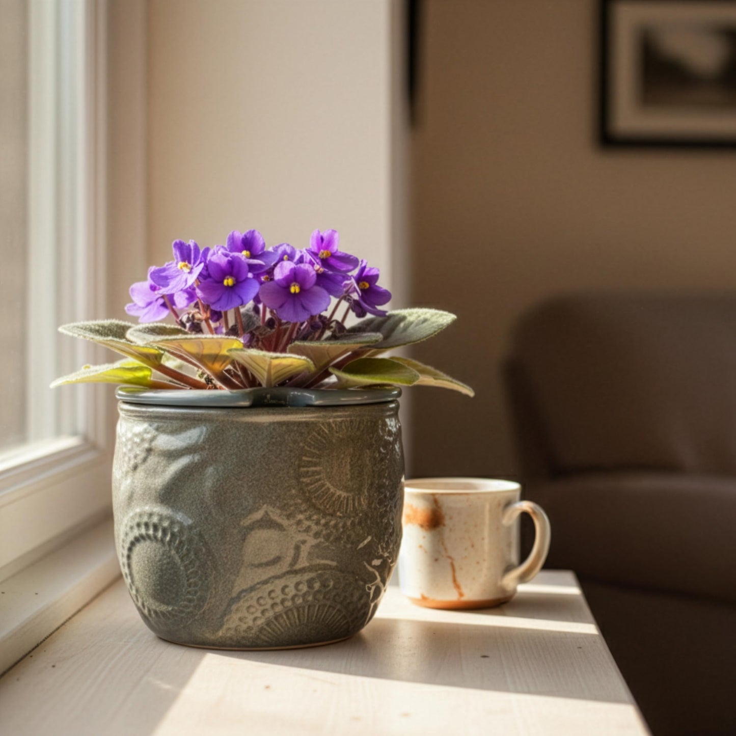 HERDUK 6.5” Ceramic Self Watering African Violet Planter with Embossed Floral Design – Durable Indoor Plant Pot for Orchids, Succulents, and Houseplants