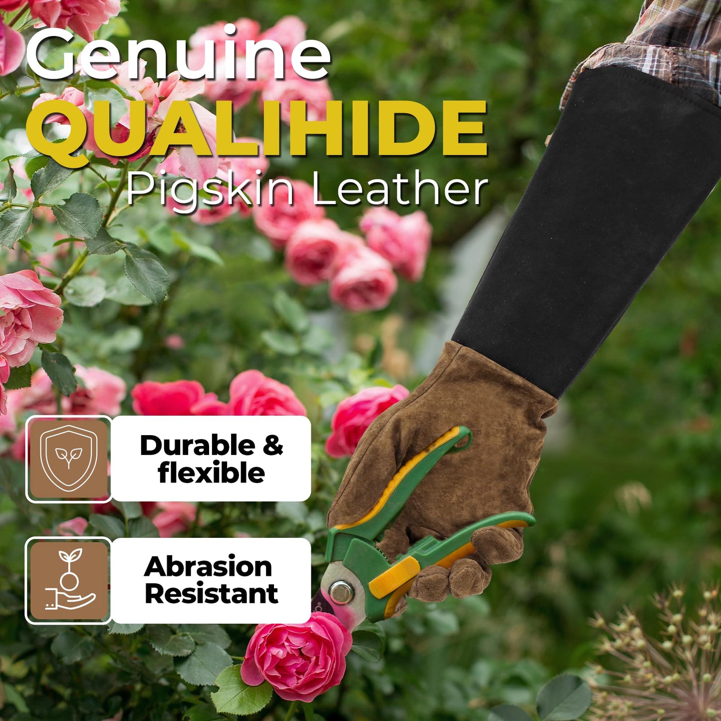 HANDLANDY Long Gardening Gloves for Men & Women, Pigskin Leather Rose Pruning Gloves, Breathable Thorn Proof Gauntlet Glove (Coffee Brown, M)