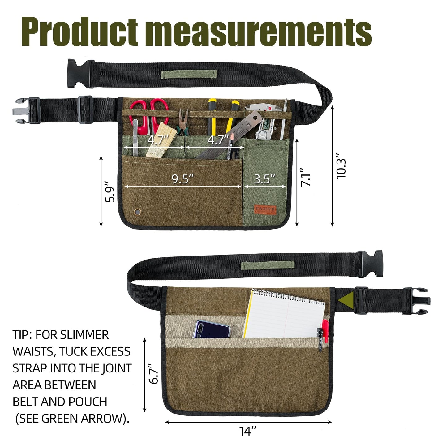 Paxiyu Garden Tool Belt for Men & Women, Denim Wide Adjustable 5-Pocket Waist Garden Apron - Heavy Duty Tool Pouch for Gardening, DIY, Carpenter, Woodworking, Painting, Seamstress, and Crafts (Green)