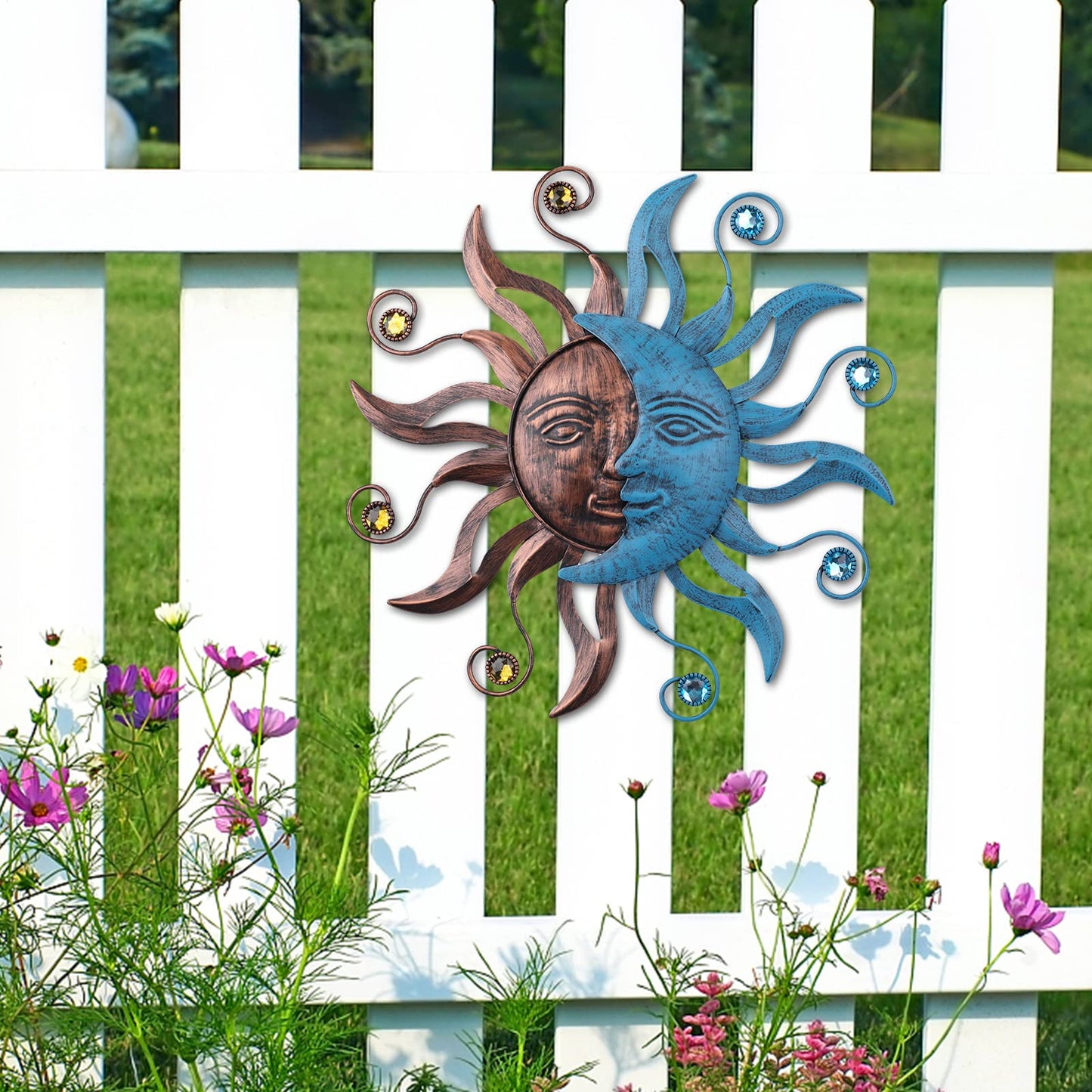 MUMTOP Metal Sun Moon Wall Decor, 13.26 Inch Outdoor Fence Wall Art, Hanging Decoration for Garden Yard Living Room Bedroom Patio Balcony