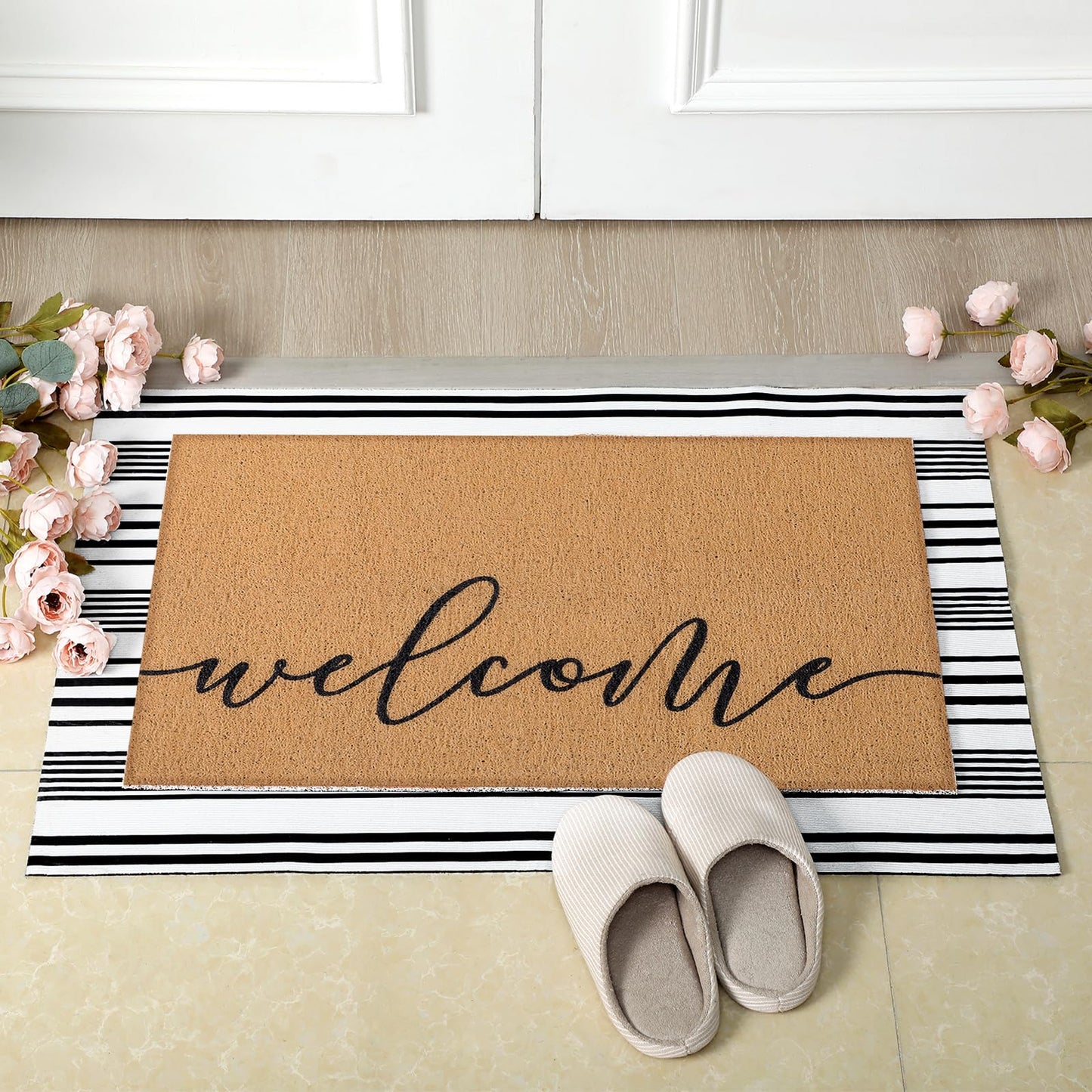 Tinideya 2 Pcs Door Mat Welcome Non Slip Coir Mats Floor Layering Doormats Seasonal for Front Porch Entryway Decor(Welcome)