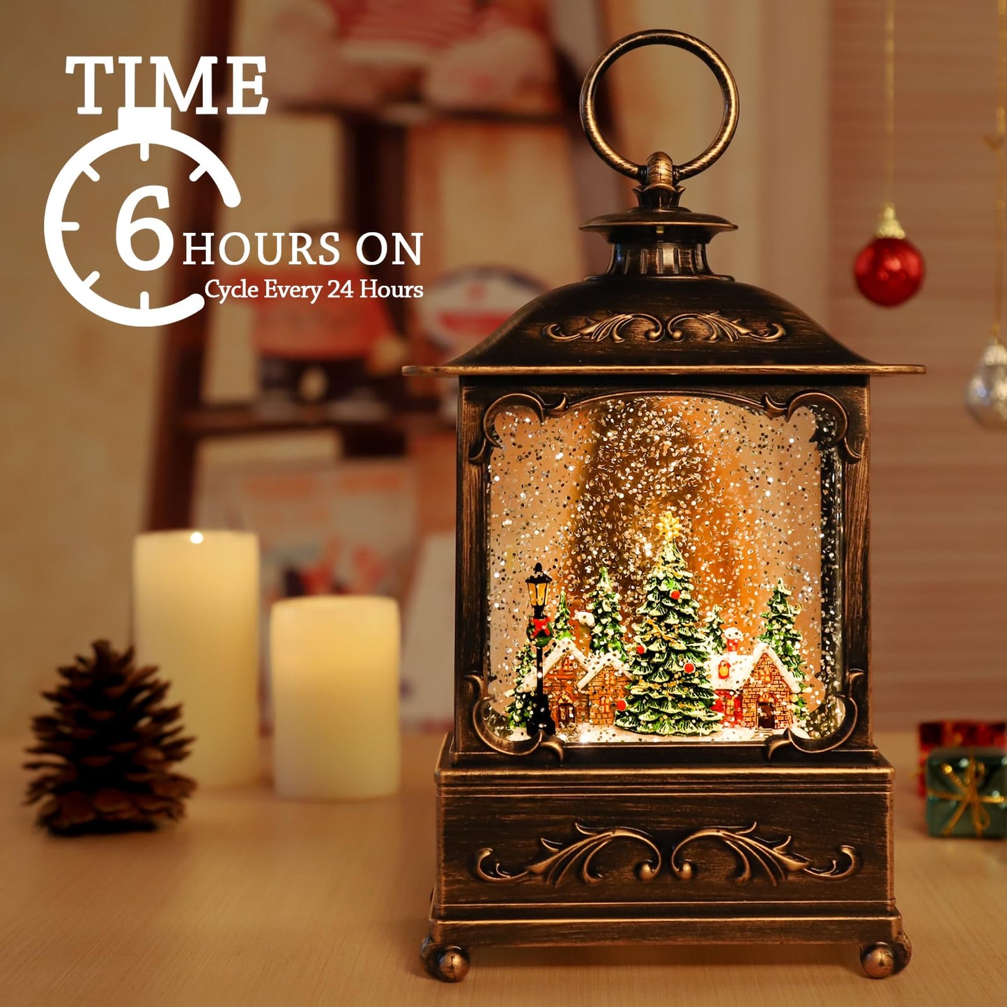Christmas Village Snow Globe Lantern,Christmas Decorations Indoor Water Lantern Swirling Glittering with Music & Timer, USB/Battery Operated Lighted Lanterns for Home Decor Gifts (Forest House)