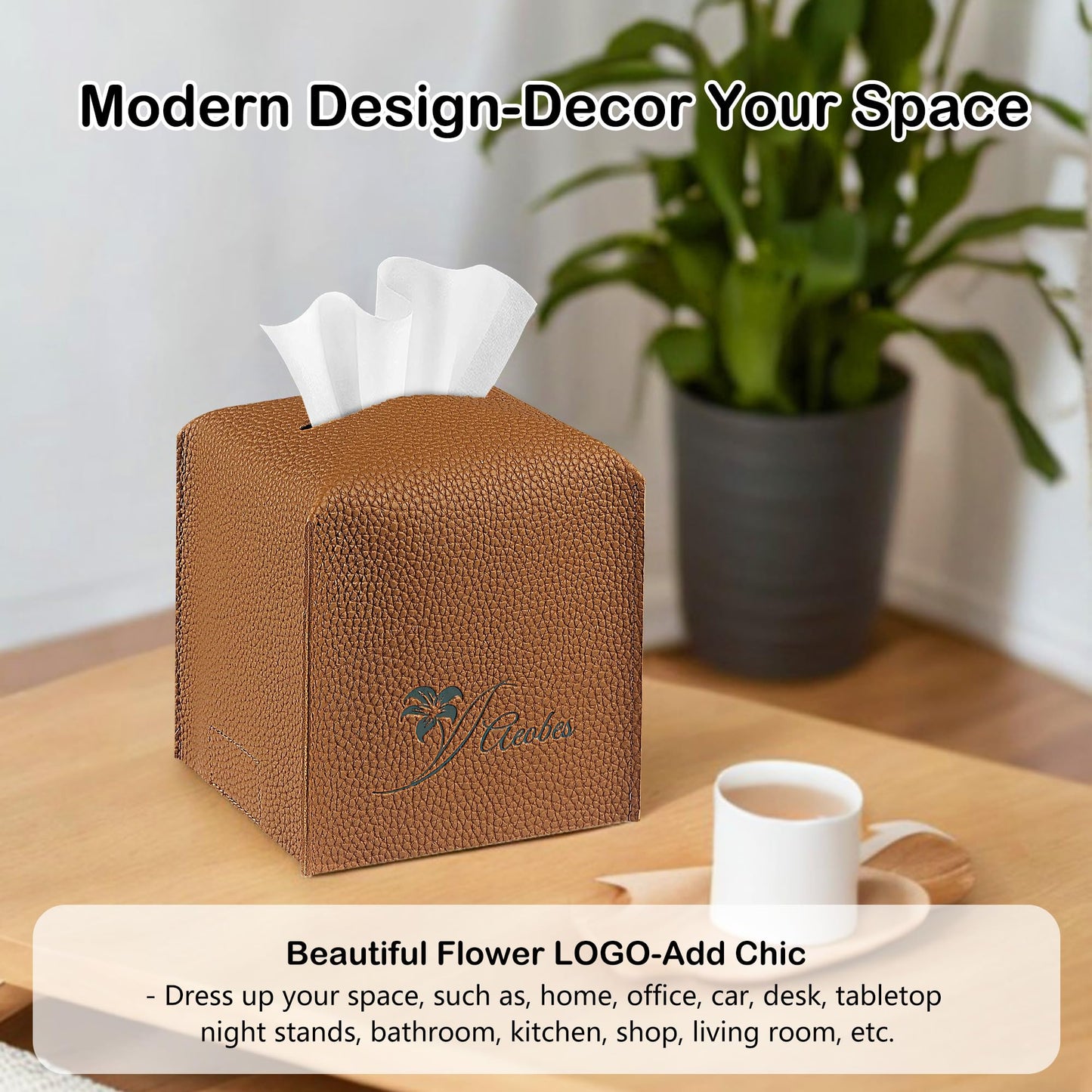 Aeobes Tissue Box Cover Square PU Leather Tissue Holder for Bathroom, Cube Décorative Tissue Organizer, Tissue Paper Dispenser for Car, Kitchen, Bedroom, Office, Tabletop (2, Brown, 5x5x5'')