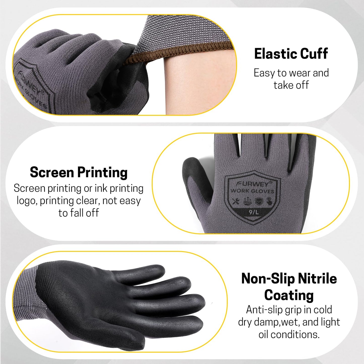 FURWEY Safety Work Gloves,16 Pairs Micro-Foam Nitrile Coated Glove for Men and Women, Touchscreen, Ideal for Warehouse Package Handling，Construction, Gardening, Small