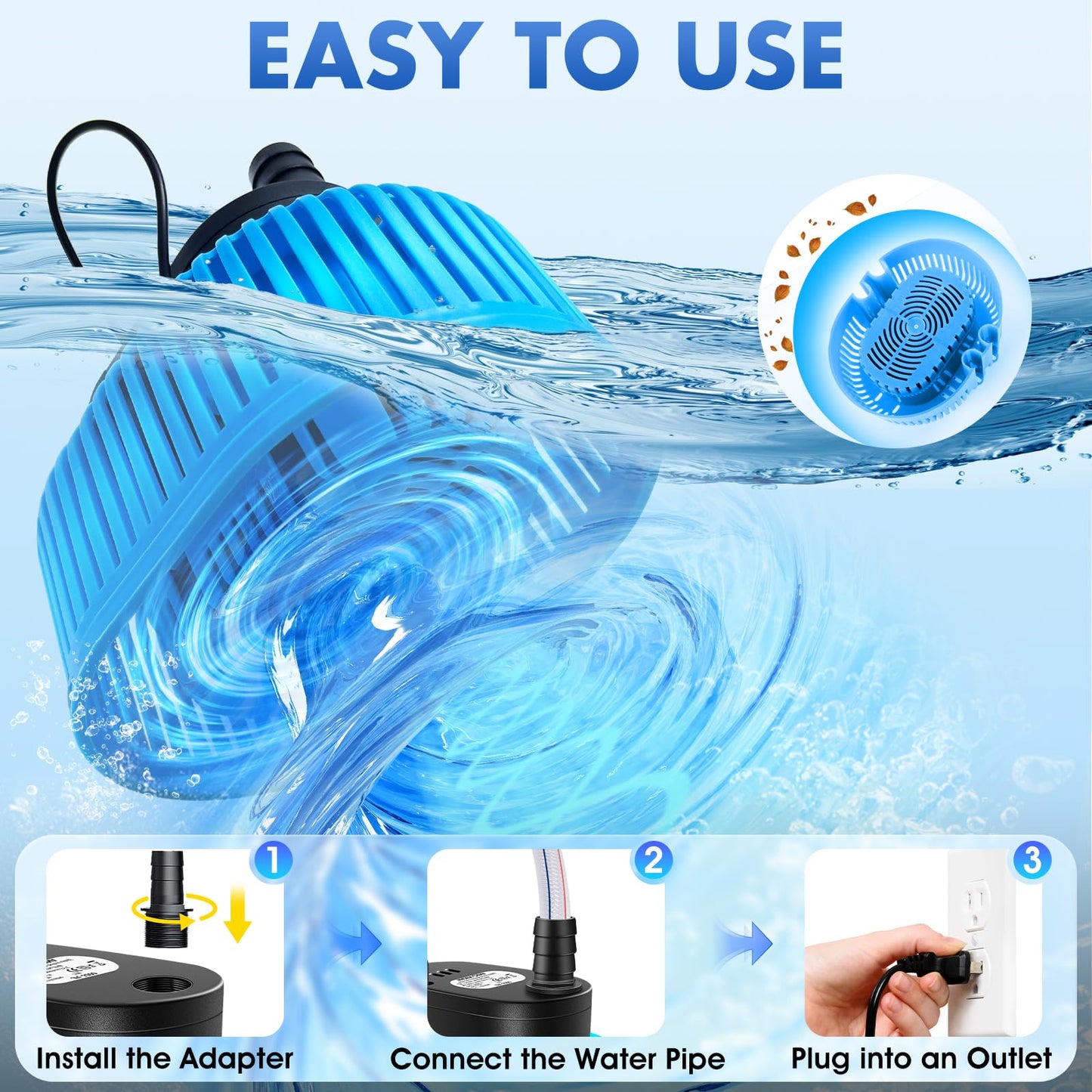 Pool Cover Pump Above Ground, Automatic Water Sensor, Sump Pump for Pool Draining, Pool Cover Water Removal 4 Adapters, 16ft Hose & 25ft Power Cord, 850 GPH (Blue)