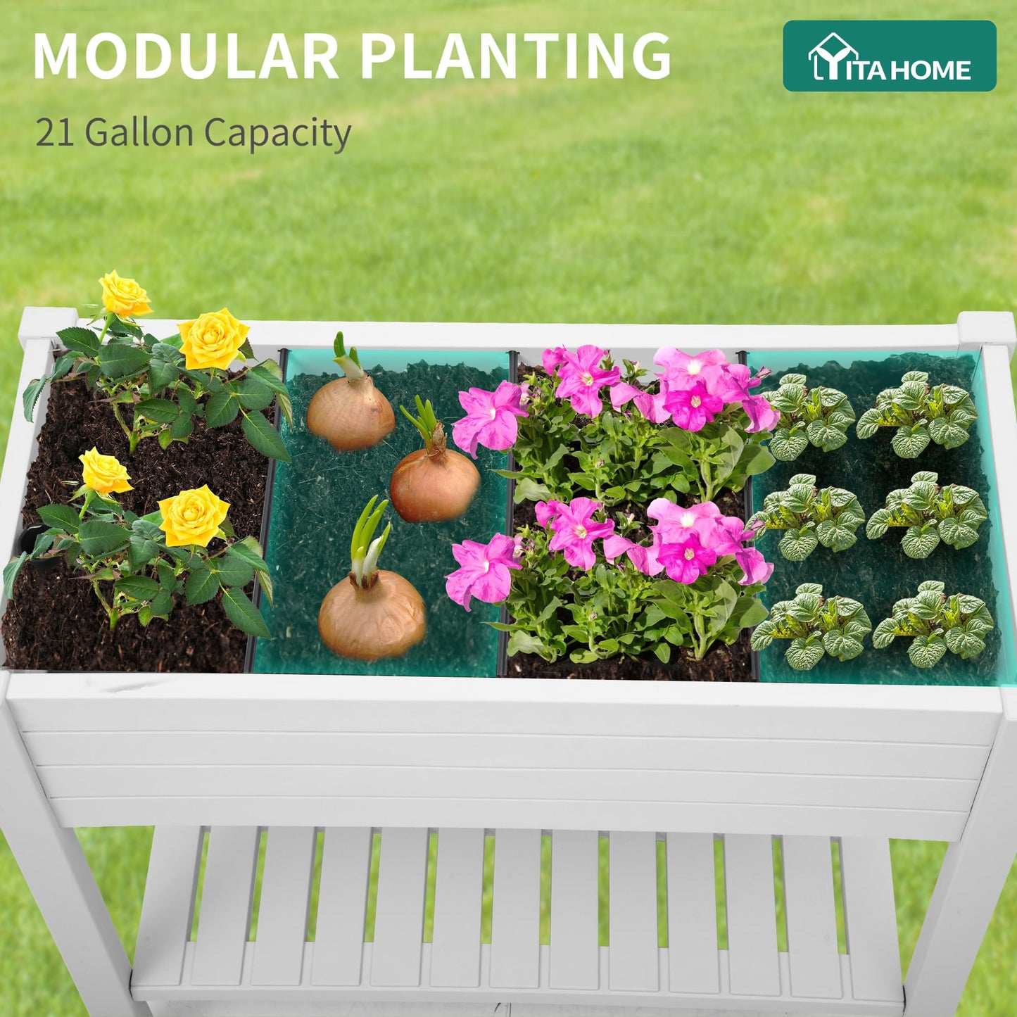 YITAHOME 3.6x1.5x2.8 FT Elevated Garden Bed Kit with Legs and Wheels, Outdoor Large Resin Planter Box Stand with Drain Plug and Storage Shelf for Plants Vegetables Fruits, Grayish-White
