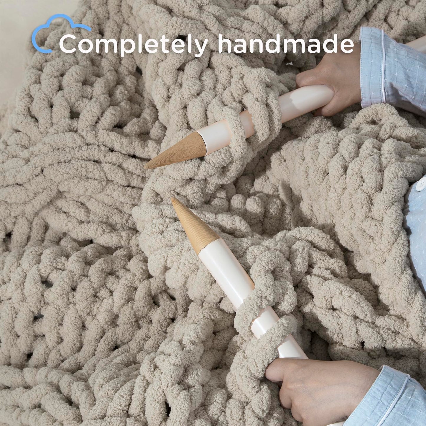 CLOUDS HUG Chunky Knit Blanket Throw - 100% Hand Knitted Thick and Warm Throw for Winter, Linen, 50x60 Inches, Crochet