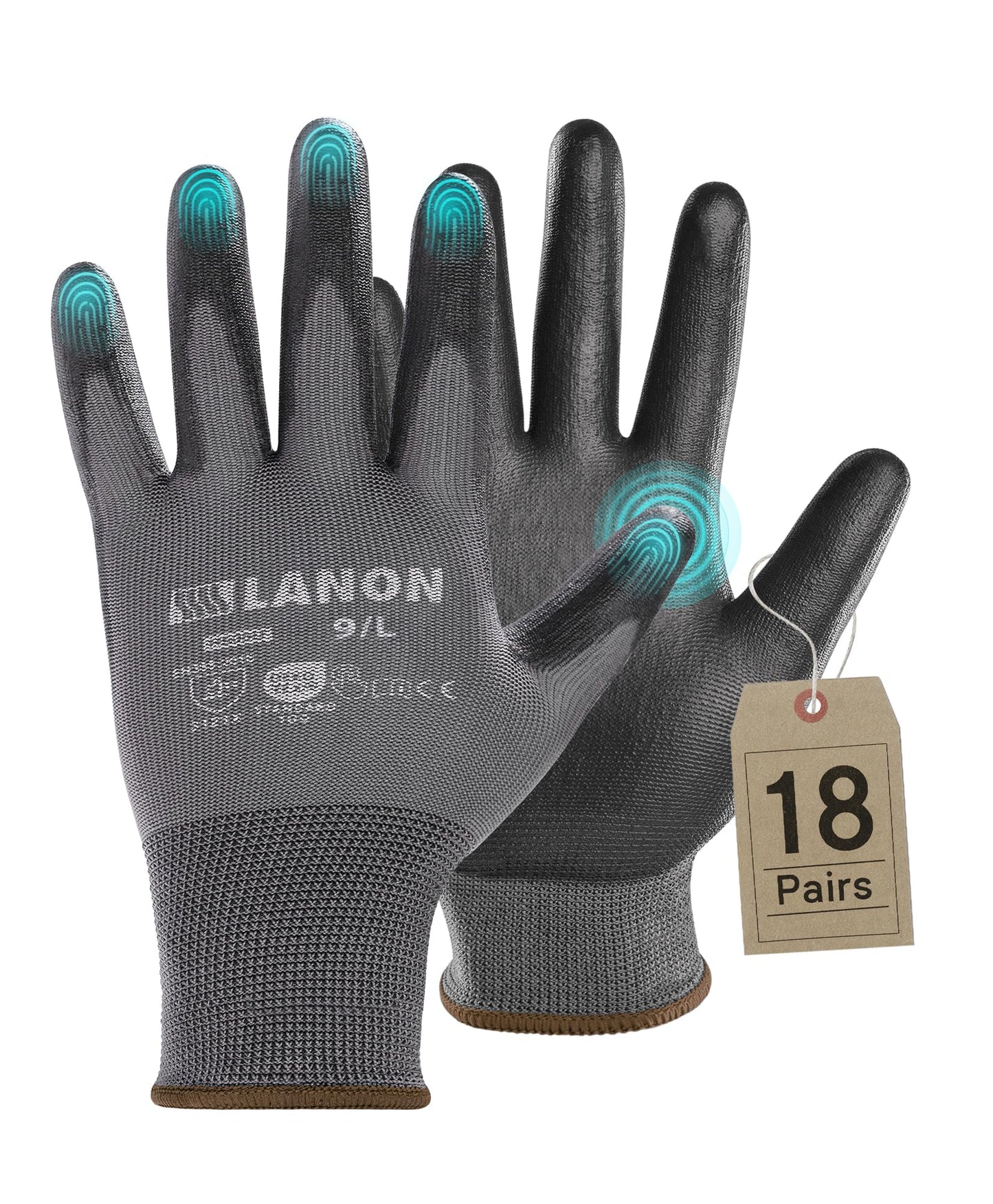 LANON 18 Pairs Safety Work Gloves, Mechanic Working Gloves for Men,Breathable PU Coated, Seamless Knit,Double Wash, Grey, Large