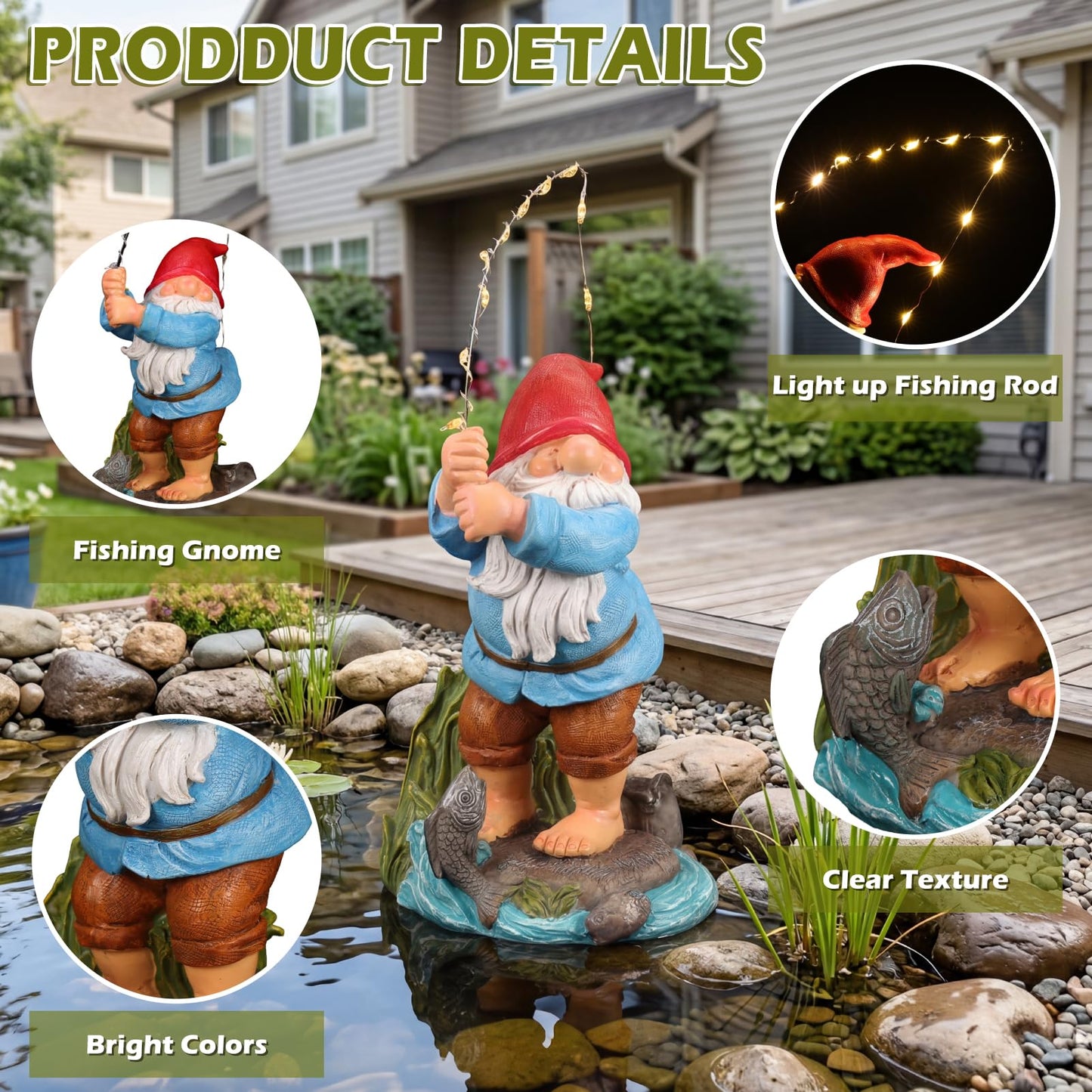 EXYGLO Solar Gnome Garden Statue Decor, 8.5" Fishing Gnome Outdoor Funny Decoration for Lawn, Patio, Yard, and Unique Housewarming, Birthday Ornament Gift for Mother, Friend, Family