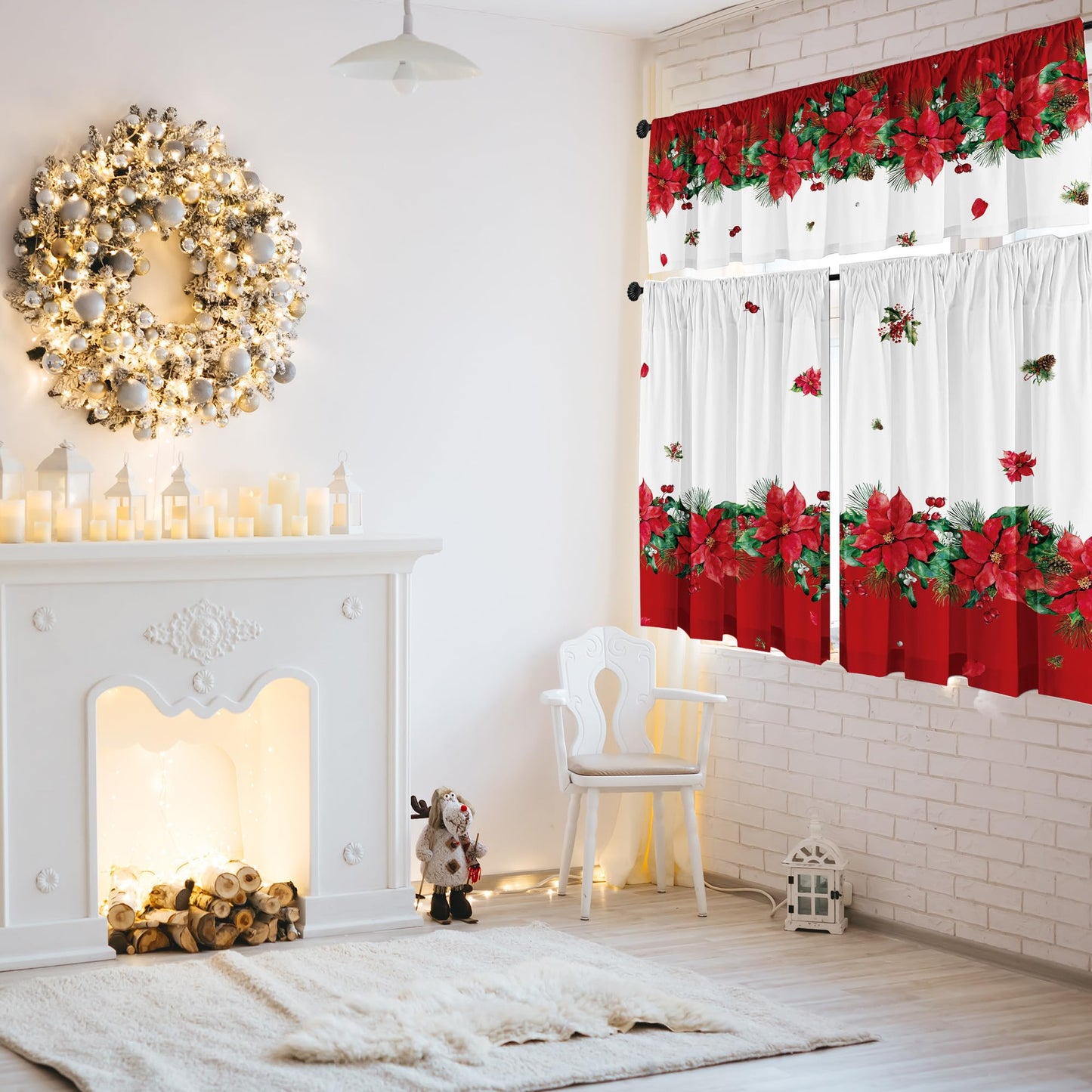 Cuteiush Christmas Poinsettia Curtain Valances Set of 3 Panels,Red,White&Green Rod Pocket,Festive Decor for Kitchen Bedroom, Bathroom,Laundry,52x18 Inch + 2x36x26 Inch