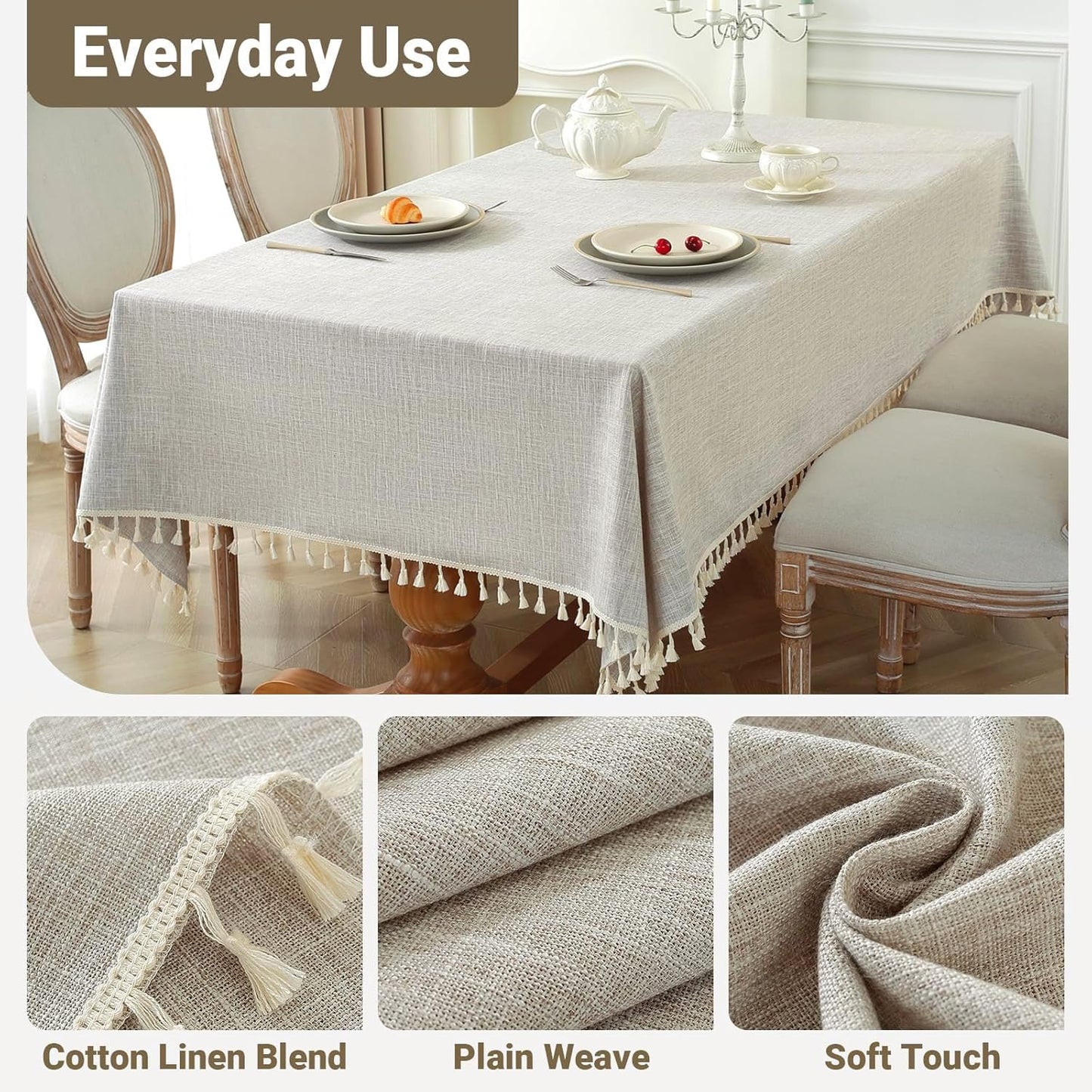 Textured Table cloth for Rectangle table, Heavy Duty Farmhouse Tablecloth Solid Cotton Linen Waterproof Wrinkle Free Burlap Table Cover for Kitchen Dining,Party, Light Brown 55''x55'',4 Seats