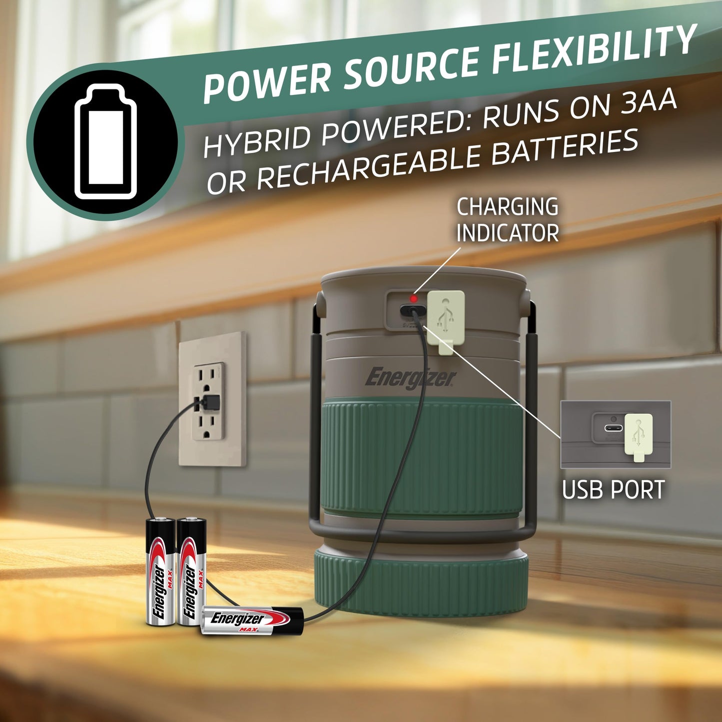 Energizer S-500 Hybrid Power Camping Lantern, Solar, Rechargeable, or AA Battery Powered, IPX4 Water Resistant Bright LED Lantern
