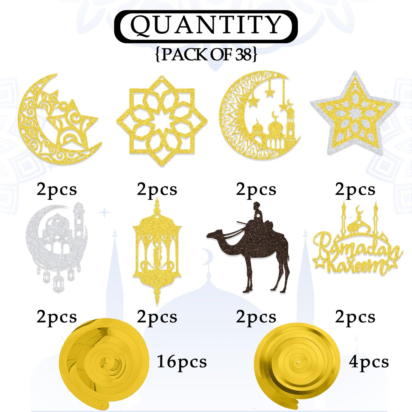 38PCS Ramadan Mubarak Decorations Umrah Mubarak Hang Swirl Star Moon Lantern Decor Sign for Eid Festival Muslim Islam Party Decoration Supplies