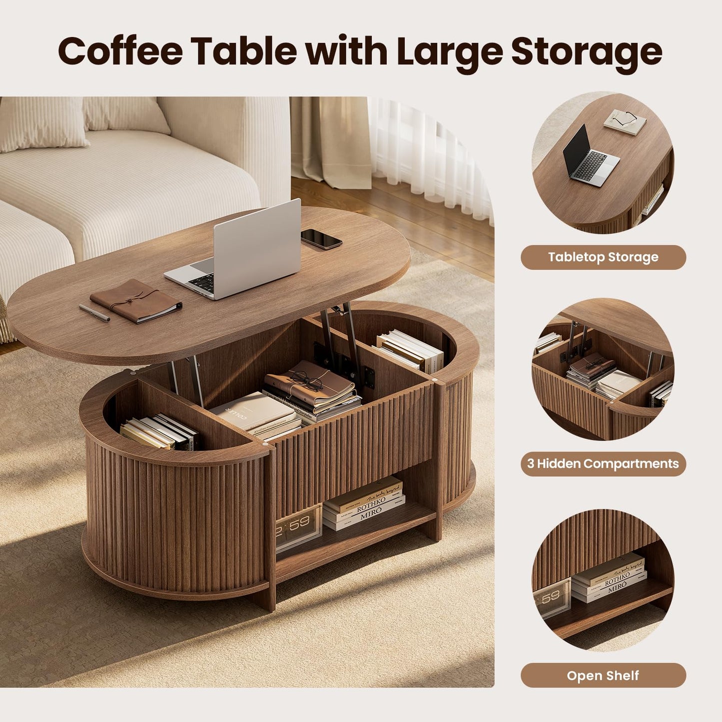 Sikaic Fluted Lift Top Coffee Table with Storage, Mid Century Modern Oval Coffee Tables with Open Shelf and Hidden Storage Compartment, Center Table for Living Room, Office, Small Space, Walnut Brown