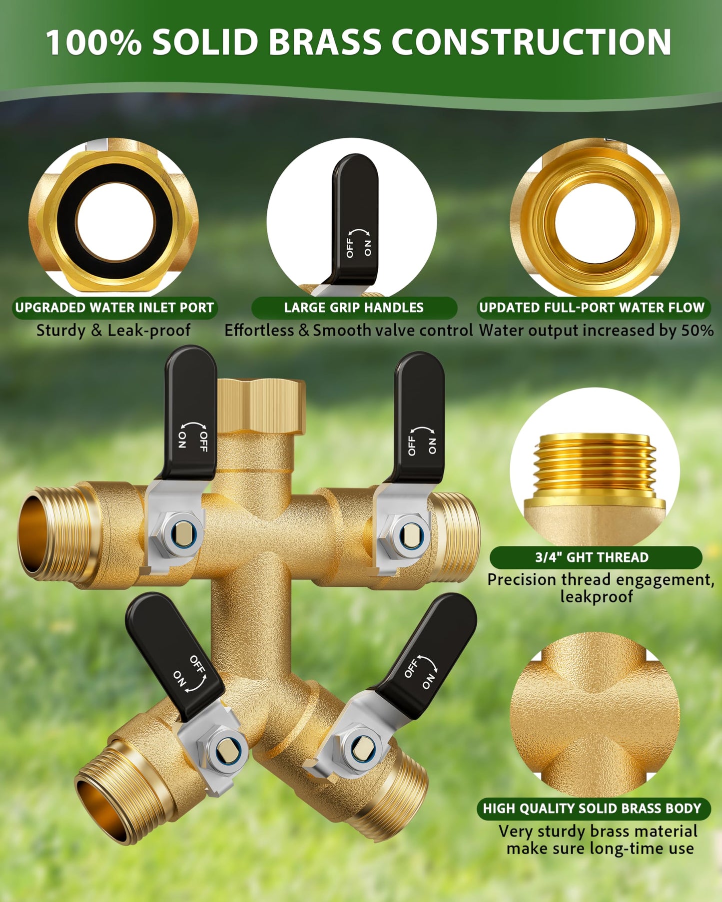 4 Way Hose Splitter, Heavy Duty Brass Garden Hose Splitter, Water Hose Bib Spigot Splitter with 0.59" Full Flow Ball Valve Outlet & Shut-Off Valve 3/4'' Connector Outdoor Water Faucet Adapter