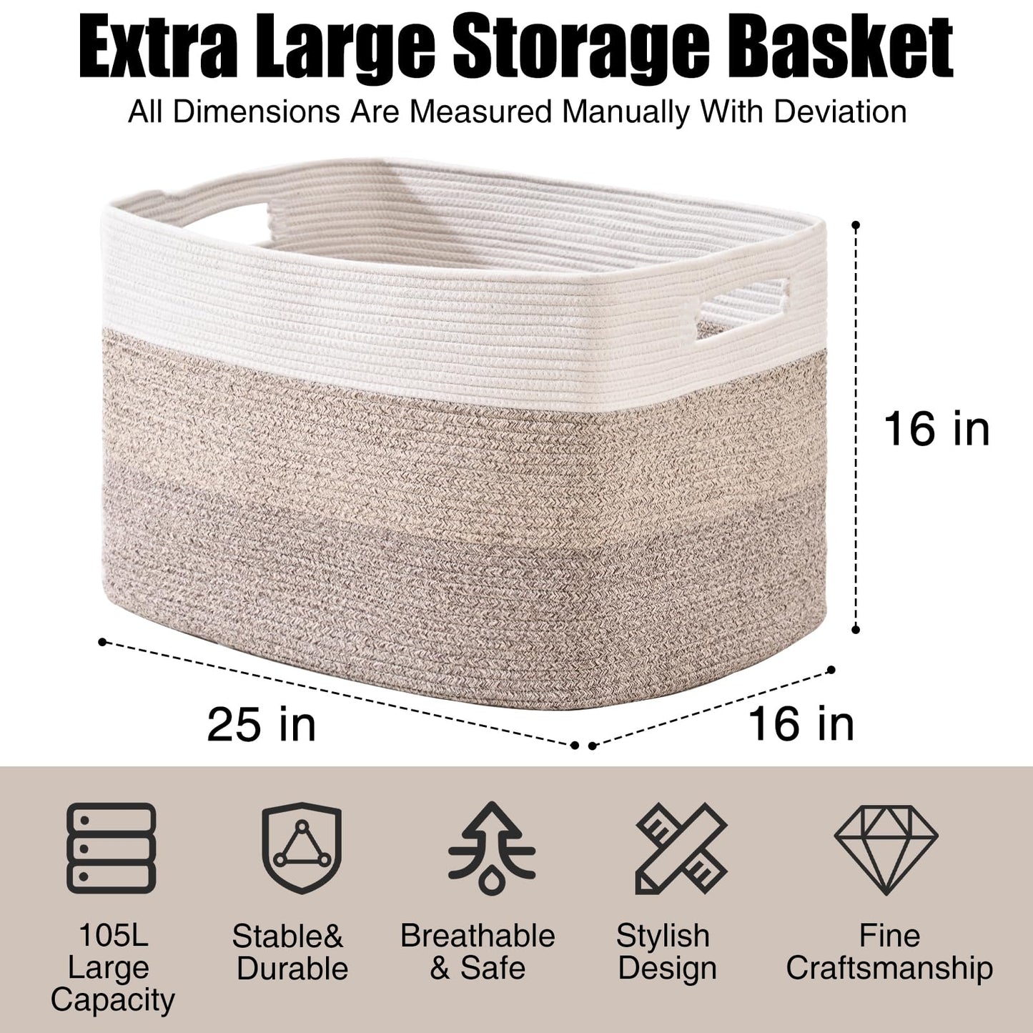 ICERZCZ Extra Large Blanket Basket Living Room, Rectangle Storage Basket, Large Woven Baskets for Storage, Cotton Rope Basket for Toys, Clothes, Gradient Brown - 25”x16”x16” (105L)