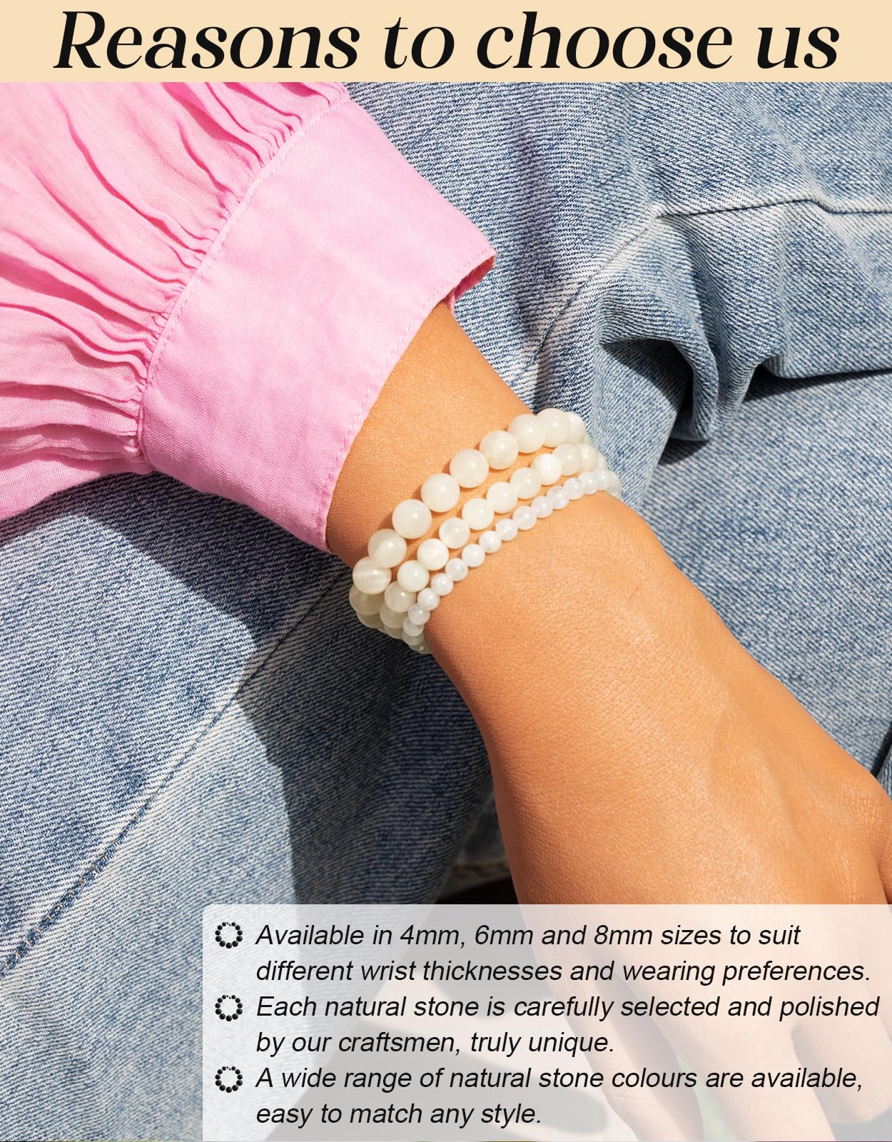 Landorilo Beaded Bracelet for Men Women, 8mm Natural Stone Moonstone Healing Crystal Stretch Bracelets, Ideal Christmas Birthday Jewelry Gifts with Energy Card，Replacement Beads Included
