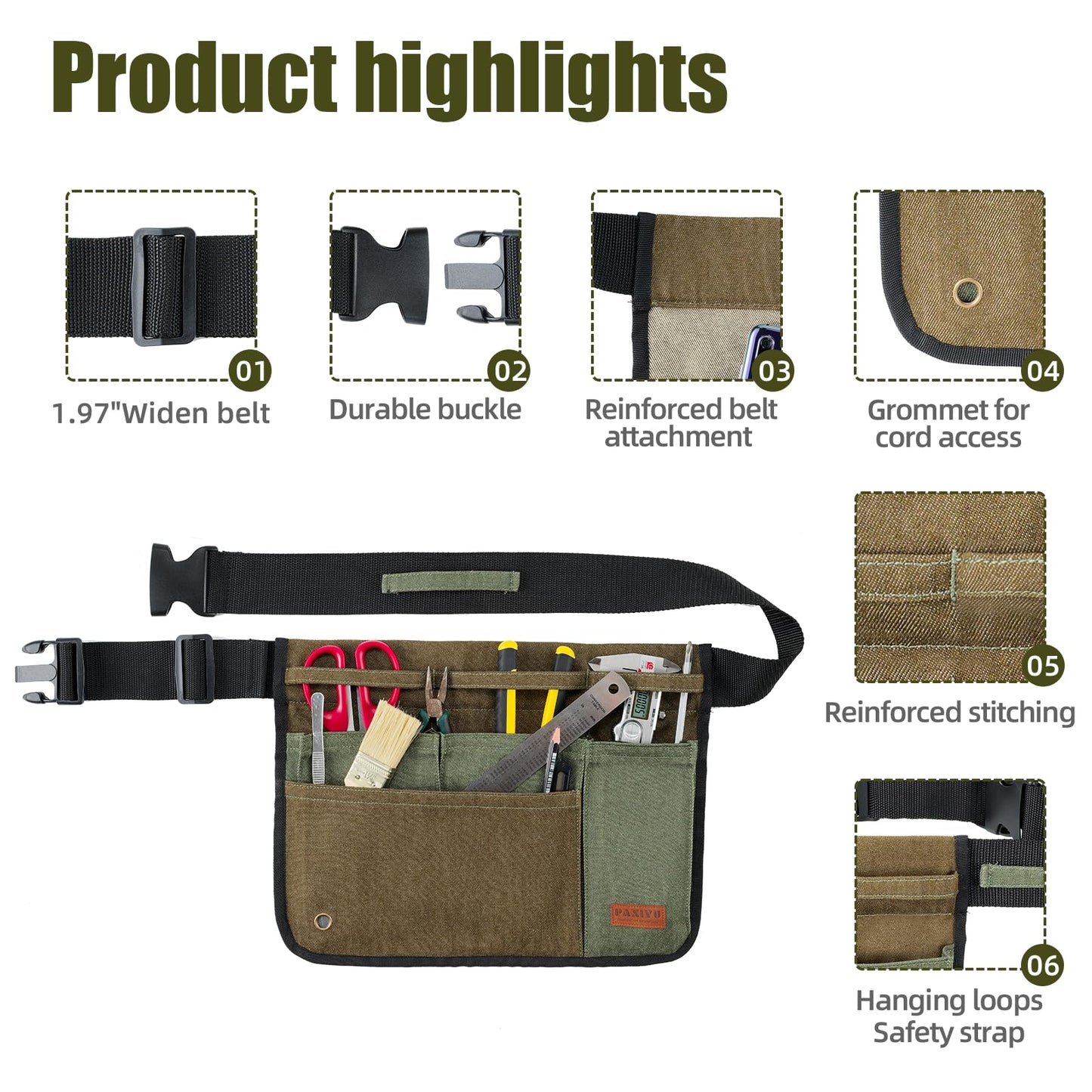 Paxiyu Garden Tool Belt for Men & Women, Denim Wide Adjustable 5-Pocket Waist Garden Apron - Heavy Duty Tool Pouch for Gardening, DIY, Carpenter, Woodworking, Painting, Seamstress, and Crafts (Green)