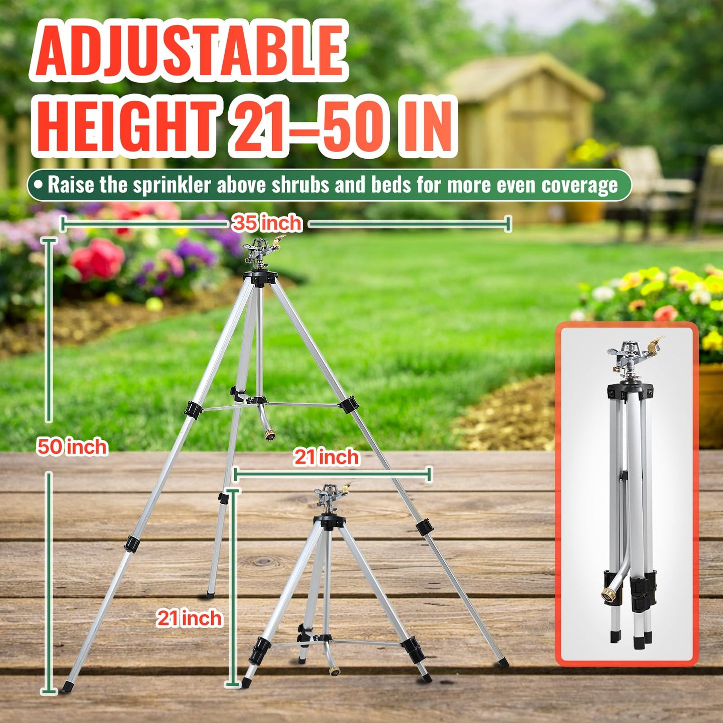 YAMATIC Tripod Impact Sprinkler, Adjustable 21–50 in Lawn Sprinkler with Metal Pulsating Head, Up to 90 ft Spray Distance, 360° Coverage for Large Yard, Garden & Landscape Watering