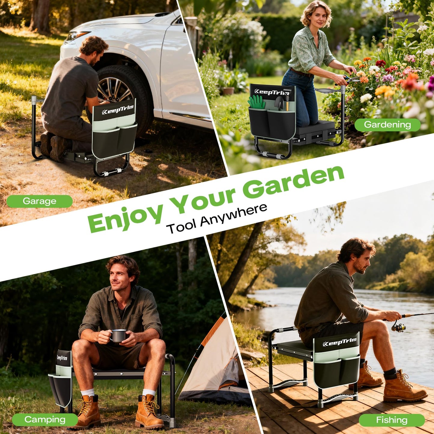 KeepTrim Garden Kneeler and Seat, Foldable Ergonomic Kneeling Bench with Tool Pouch 400 Lbs (Black)
