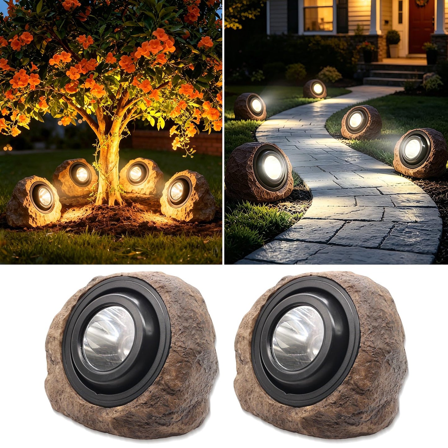 VOOKRY Brown Solar Rock Lights Outdoor 2-Pack, IP65 Waterproof LED Garden Stone Lights, Switchable Warm & Cool White, Auto On/Off Landscape Lighting for Pathway, Yard, Patio, Walkway