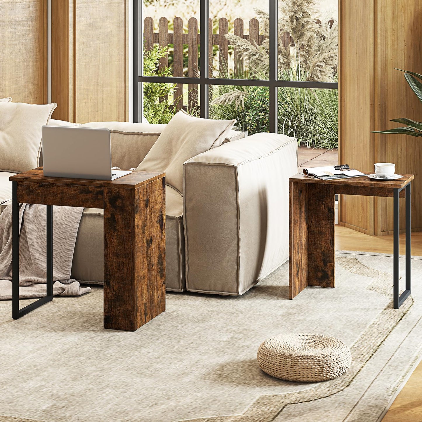Giantex Nesting Coffee Table Set of 2, Rectangular Stackable Side Tables with Sturdy Metal Frames, Modern Nesting End Tables for Living Room, Bedroom, Rustic Brown