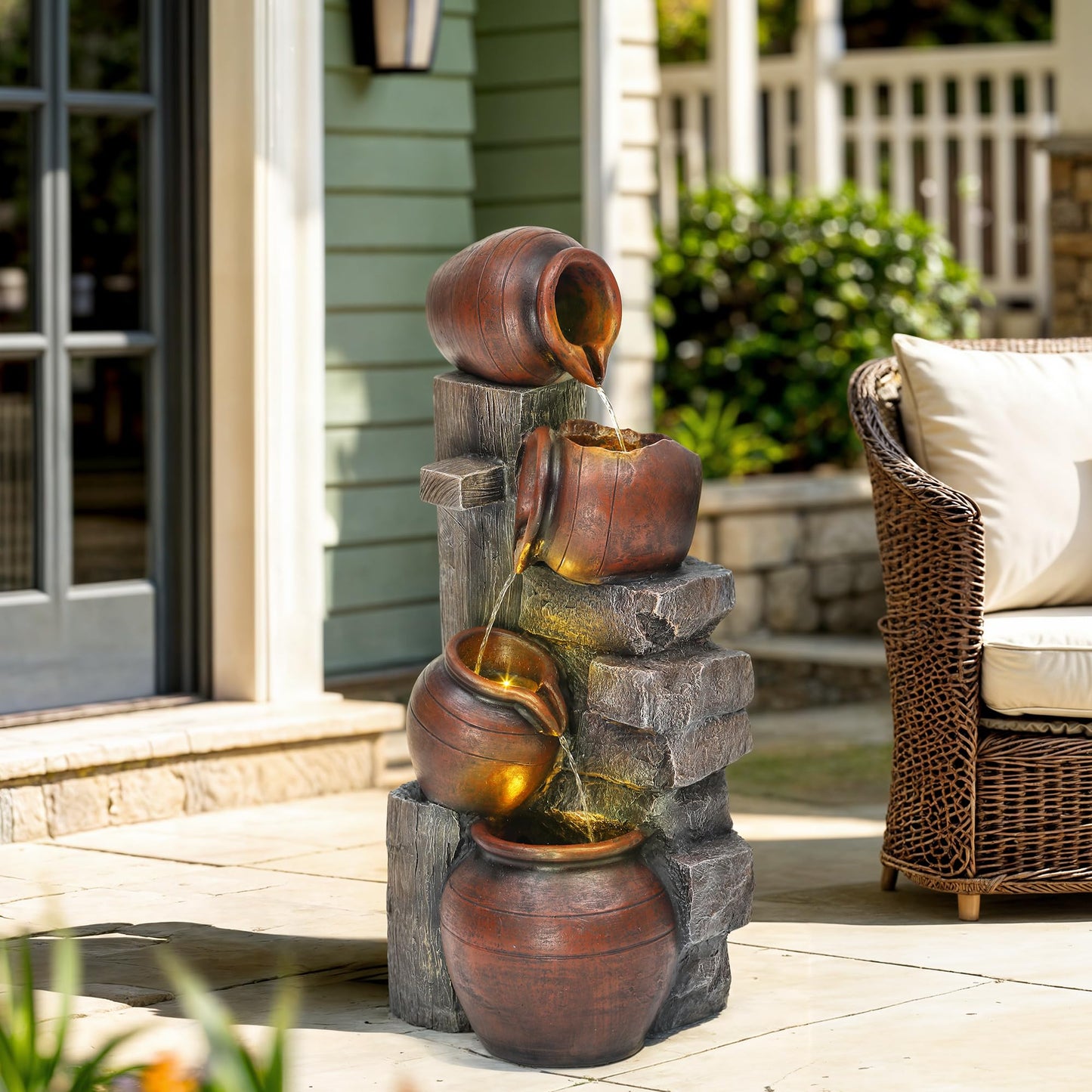 Autodaya 31.5" H Outdoor Water Fountain with LED Lights and Pump, Cascading Pitchers Farmhouse Garden Fountain Waterfall for Patio, Porch, or Yard