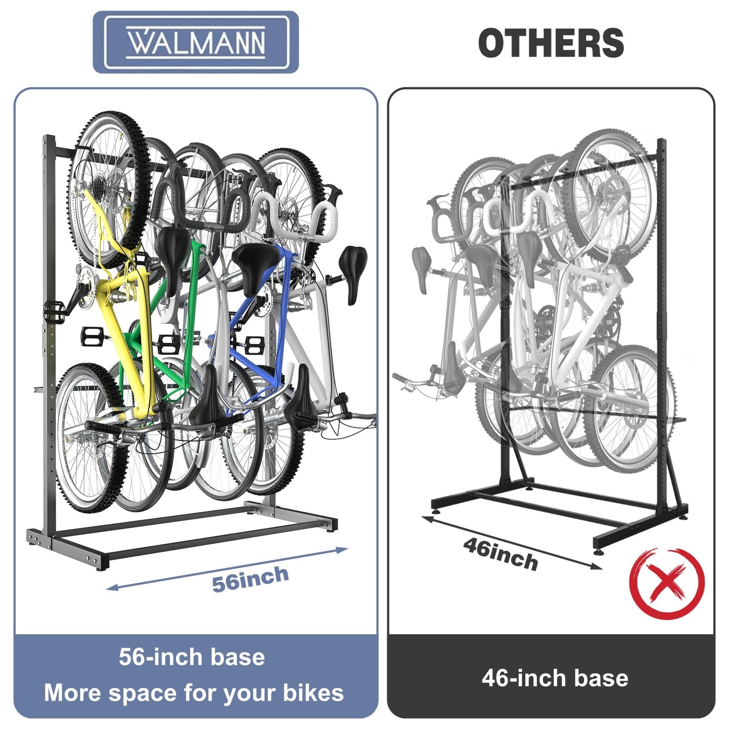 WALMANN Freestanding Bike Stand for Garage, 5 Bikes Vertical Bike Storage Stand Heavy Duty Bike Floor Stand, Holds Up to 70 lbs/Hook