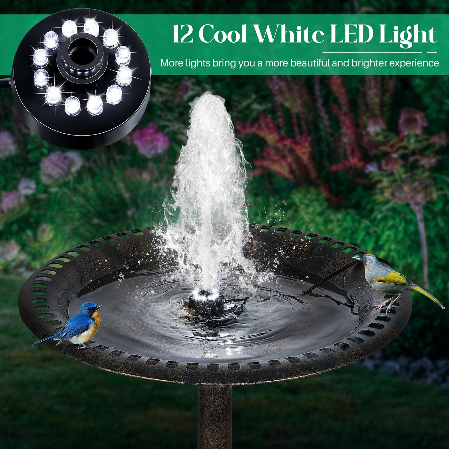 Dunkive Bird Bath Fountains with 12 LED Lights, 24 Hour Working Fountain Pump with Light, Adjustable Watering Submersible Pump for Outdoor Water Garden, Pond(Cool White)