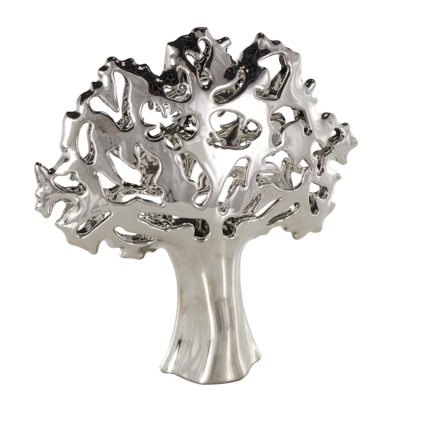 Deco 79 Ceramic Tree Decorative Sculpture Glossy Home Decor Statue with Abstract Cutouts, Accent Figurine 15" x 5" x 16", Silver