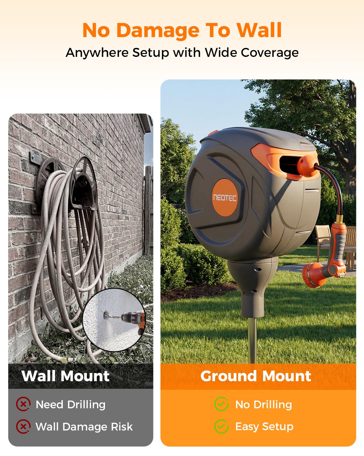 Retractable Garden Hose Reel 360° Swivel 82 ft 1/2 Inch Ground-Mounted Freestanding Water Hose Reel No-Drill Installation Any-Length Lock 20% Slow Return for Large Yard Lawn Car Washing