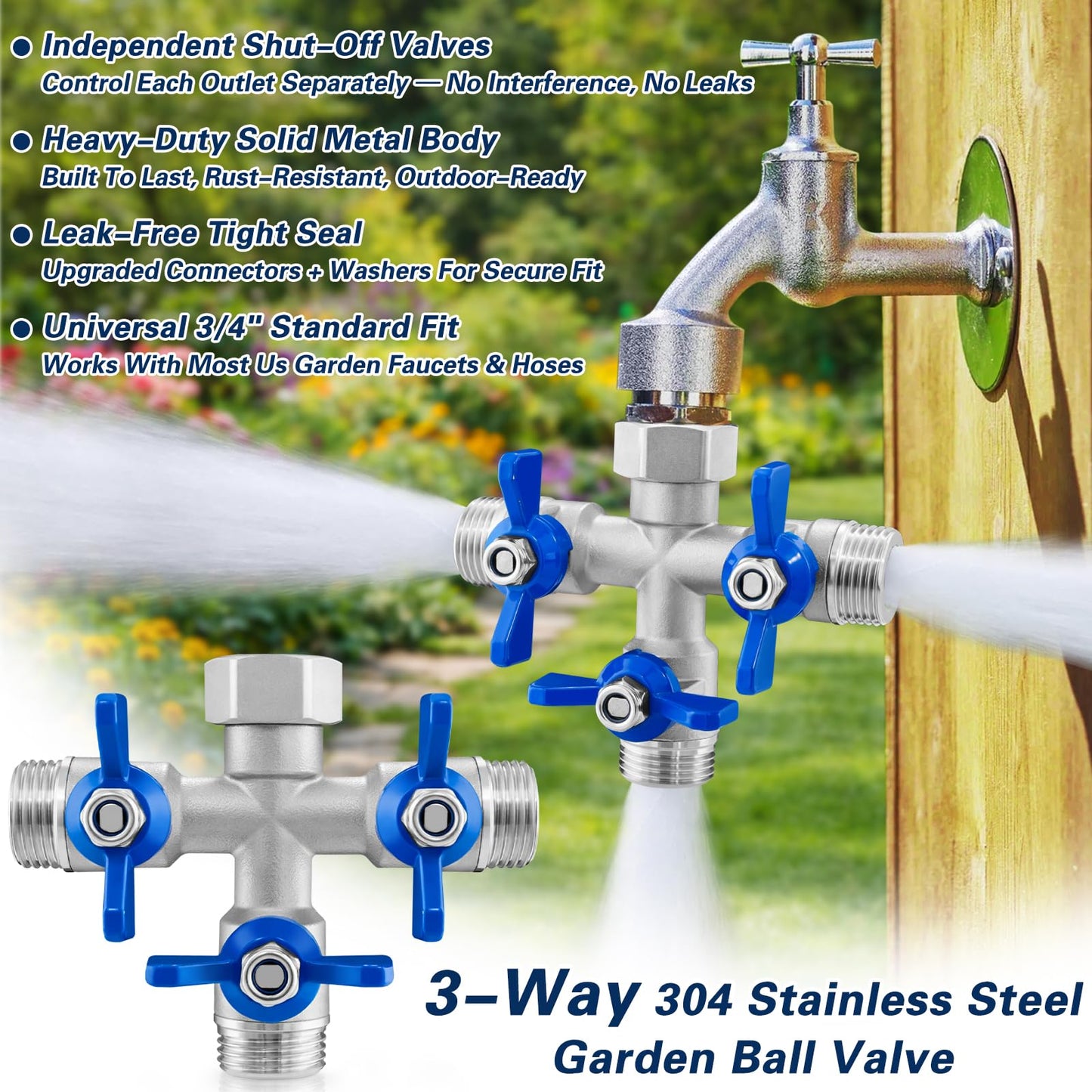 Cekwiet 304 Stainless Steel 3 Way Garden Hose Splitter, Heavy Duty Hose Splitter with 3 Shut-Off Valves, 3/4" GHT Outdoor Faucet Hose Adapter, Full Flow Water Hose Connector