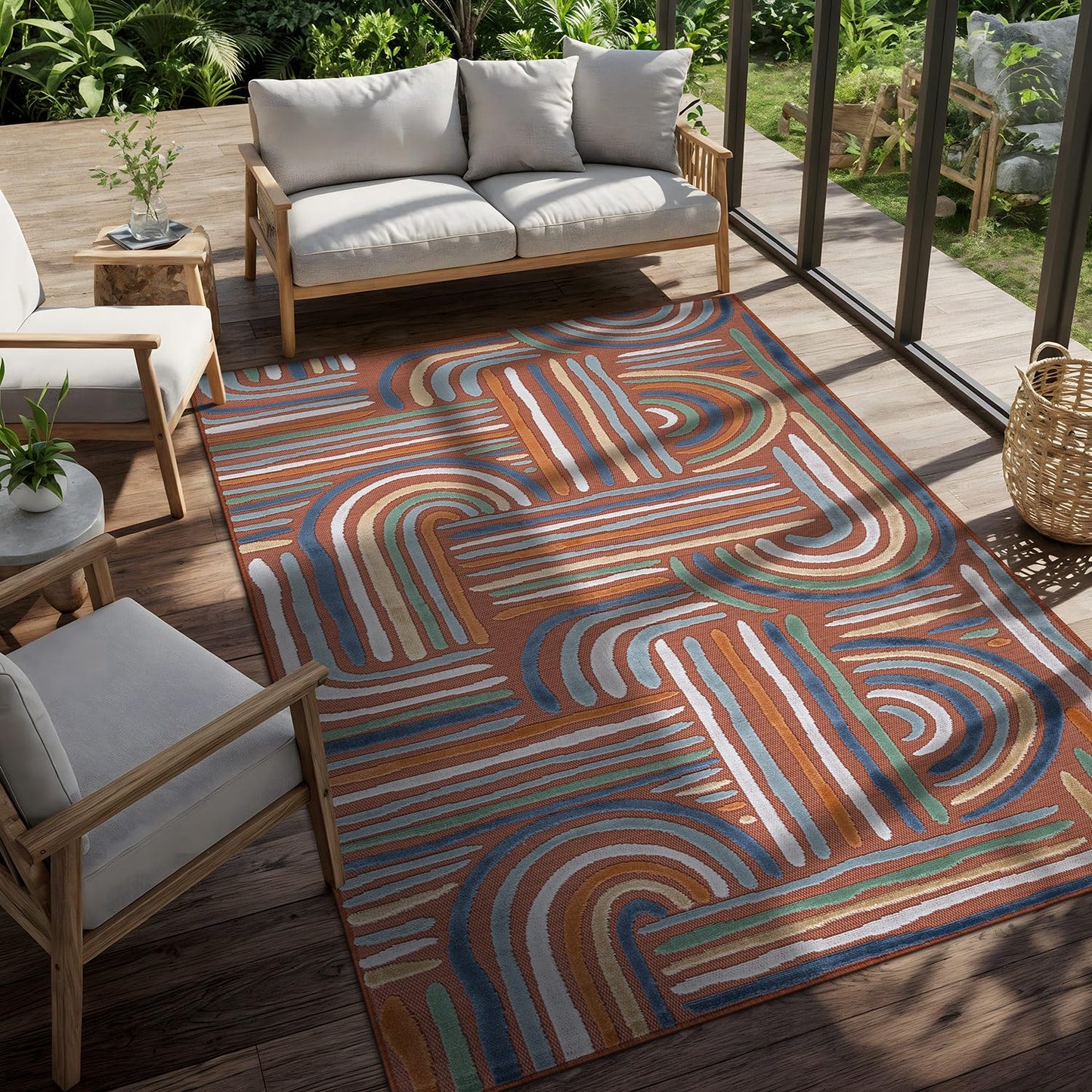 CAMILSON Indoor Outdoor Rug, Orange 8x10 Geometric Arch Striped Area Rugs for Patio and Home Areas, Easy-Cleaning Non-Shedding Living Room, Garden and Deck Washable Outside Carpet (8 x 10)