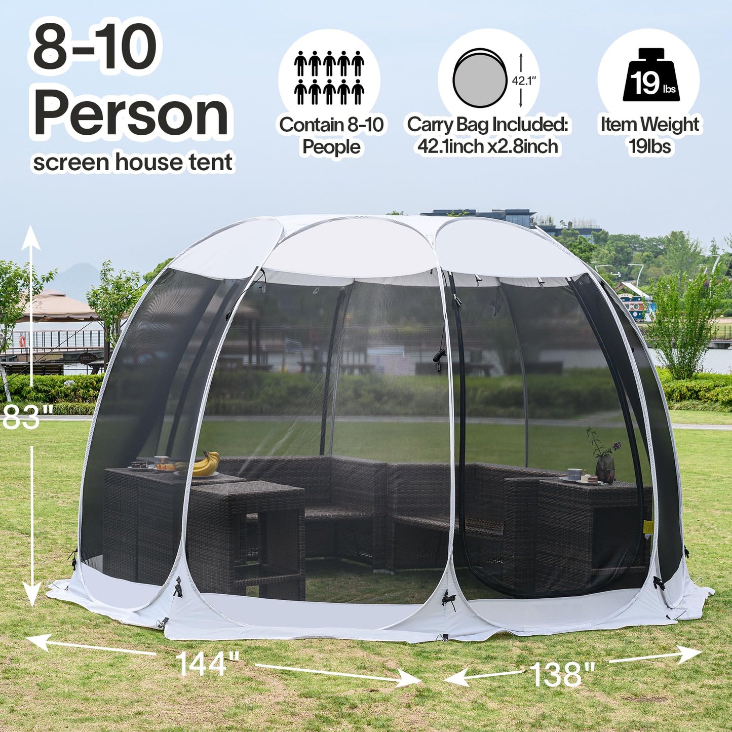 Alvantor 12'x12' Pop Up Screen House Tent, Instant Outdoor Gazebo with Mosquito Netting & UPF 50+ Sun Protection, Portable Canopy Shelter for Patio, Backyard, Camping (8-10 Person),Grey