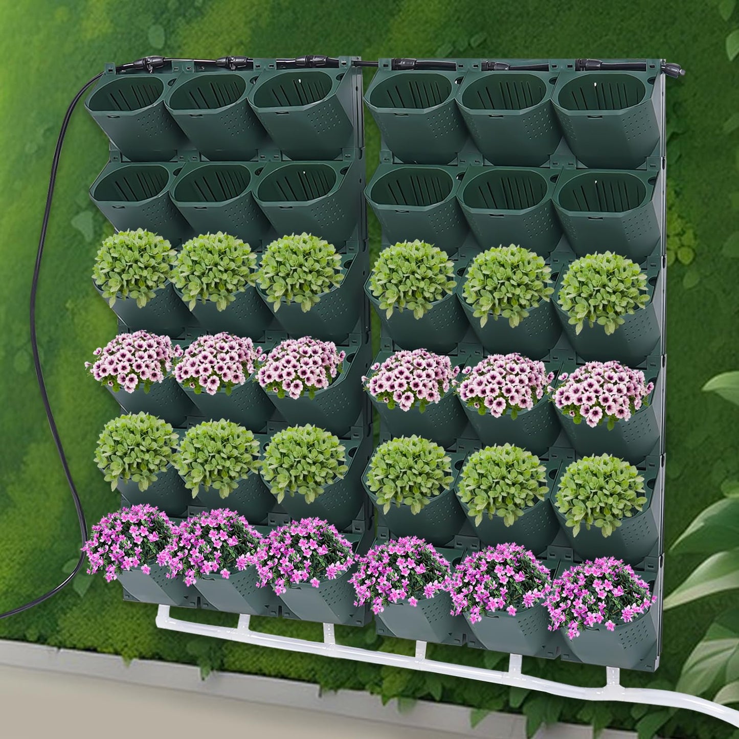 WANLECY Self-Watering Wall-Mounted Planter with Drip System and Timer Indoor/Outdoor Decor, Vertical Wall Planter with 36 Pots for Herbs Vegetables Fruits (Dark Green)