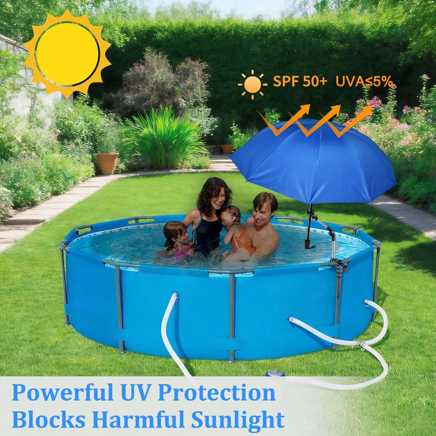 1Pack Pool Shade Umbrella, 49.2'' Large Adjustable Above Ground Pool Sunshade Canopy with Clamp 360°Swivel UPF 50+ Portable Weatherproof Patio Umbrella for Swimming Pool Outdoor Garden Beach Chairs
