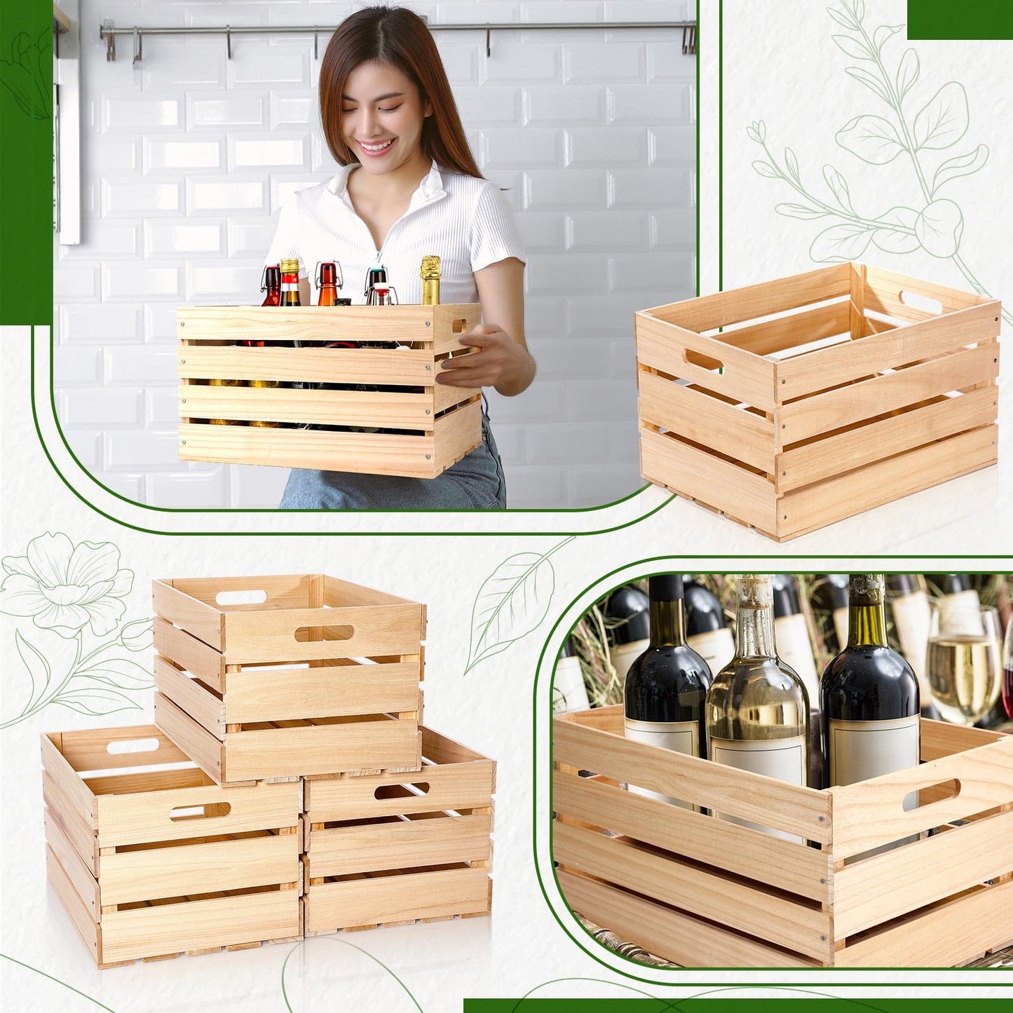 Weysat 3 Pack Large Wood Crates Box for Storage 16 x 12 x 9.5 Inches Unassembled Wooden Milk Crates with Handle Decorative Nesting Box for Winter Display Rustic DIY Office Home Retail Art Craft (Wood)