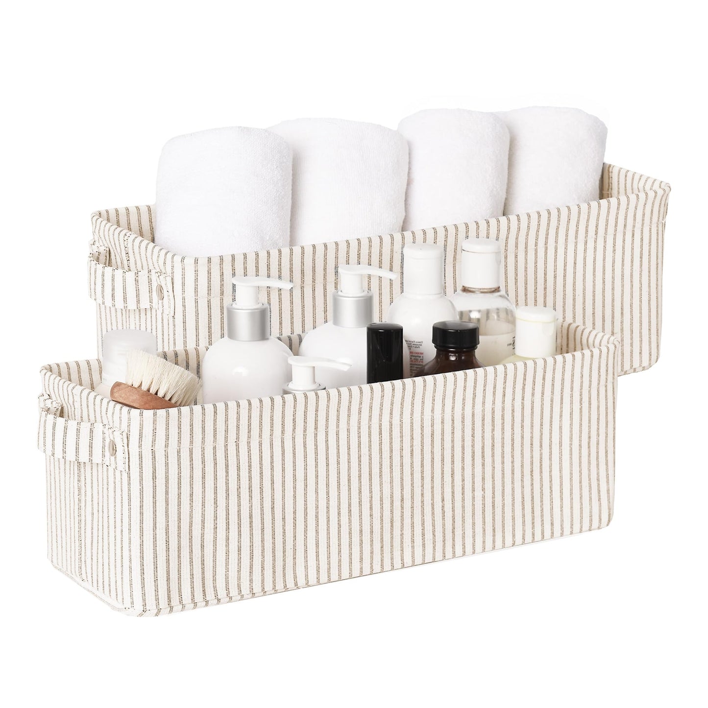 StorageWorks Narrow Storage Bins, Small Basket for Closet and Shelves, Fabric Organizer with Handles, Toilet Paper Storage, Khaki and Beige Stripes, 2-Pack