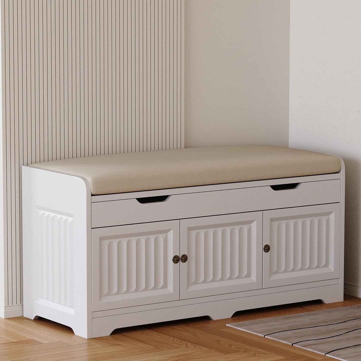 Kogven Shoe Bench,Entryway Storage Bench with Lift Top Cushion Seat & Hidden Space, Bedroom End of Bed Bench with 3-Sided Geometric Wavy Fluted for Hallway, Vintage White