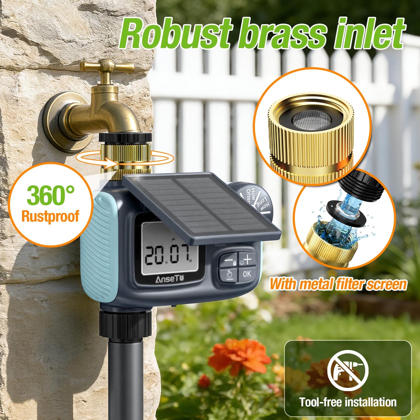 AnseTo Solar Sprinkler Timer, Solar & Type-C Rechargeable Water Timer for Garden Hose, Programmable Faucet System with Rain Delay/Manual/Auto Mode, Digital Irrigation Controller for Lawn/Yard/Pool