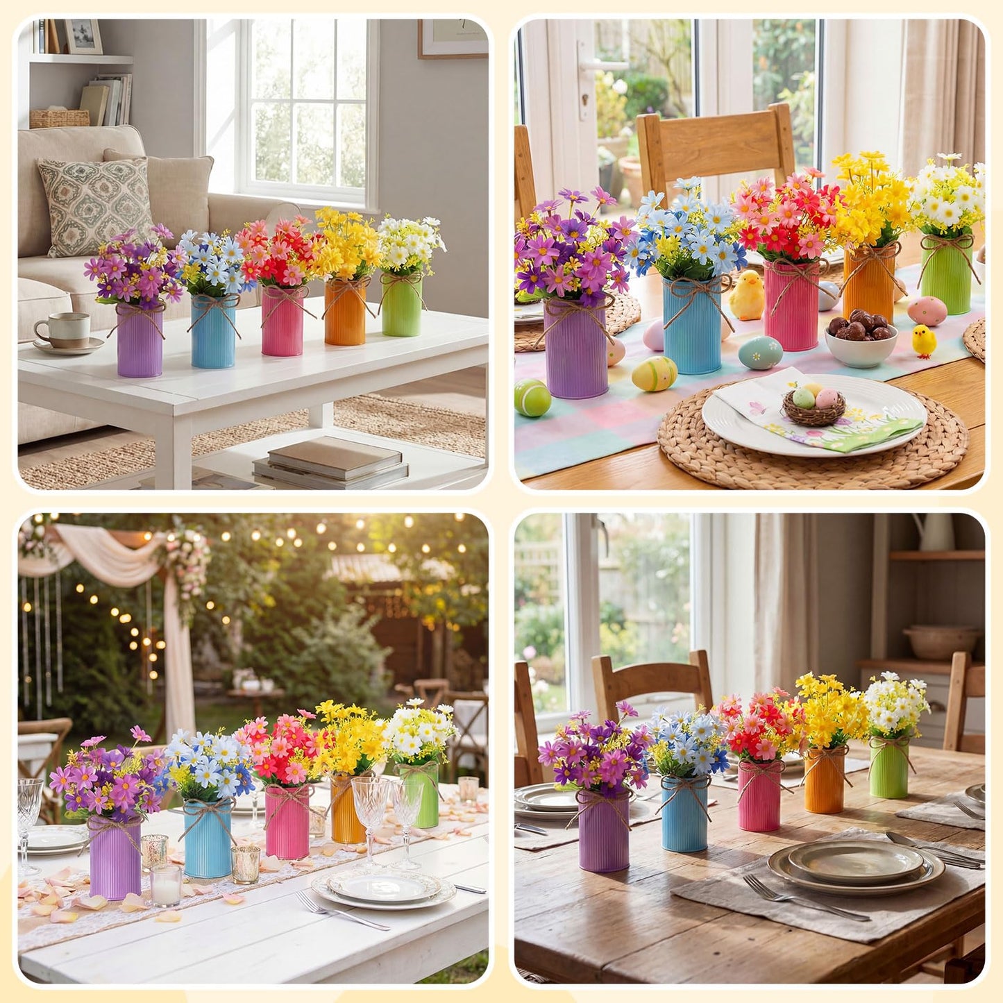 Ferrochef 30 Pcs Spring Centerpiece for Table Spring Office Decoration Galvanized Metal Flower Bucket with Artificial Daisy Flower Bunny Pick, Springs Floral Arrangement for Wedding Birthday Party