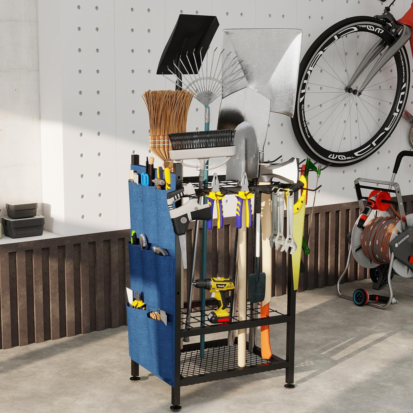 SAMRELAX Garden Tool Organizer, Garden Yard Tool Rack for Garage, Garage Organization and Storage, Metal Yard Tools Storage up to 46 Tools/Rake/Broom/shovel/, Suitable for Garage, Yard, Patio, Shed