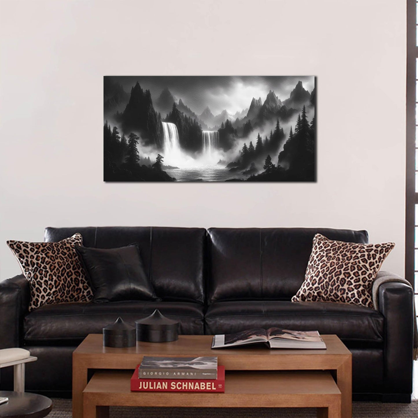 HUBOSKN Mountain Wall Pictures for Living Room Decor - Black and White Wall Art Bedroom - Waterfall Canvas Wall Art for Office Size 20" x 40"