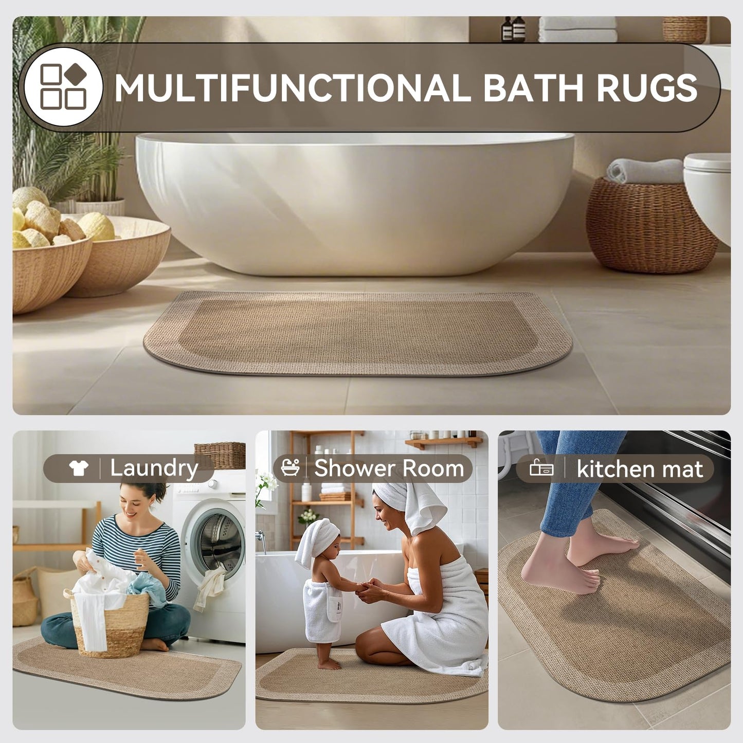 YDKGL Half Circle Bath Mat, Non Slip Bath Mat, Thin Bathroom Rugs Fit Under Door Quick Dry Absorbent Washable Bathroom Mat with Rubber Backing, Brown Beige 16x24