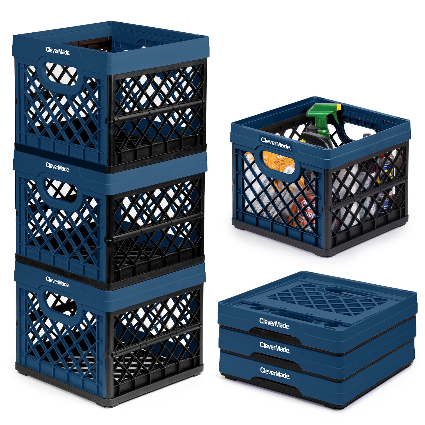 CleverMade Collapsible Milk Crate 25L (6.6 Gal) 3 Pack, 50 lb Capacity Heavy Duty Folding Crate – Stackable Storage Crates with File Rails, Plastic Collapsible Crates - Ocean