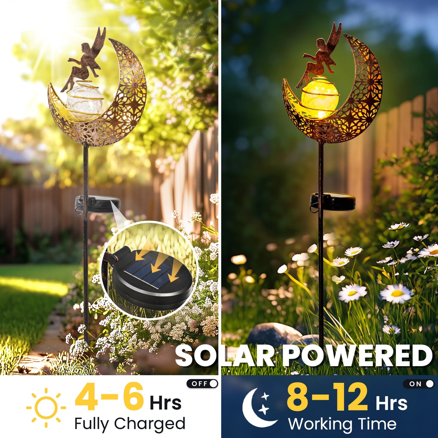 SUNCKET Fairy Garden Solar Lights Outdoor Moon Stakes, Waterproof Outdoor Metal Decor Gifts for Women Mom, Art Moon Sculpture for Yard, Patio, Garden, Porch, 1 Pack