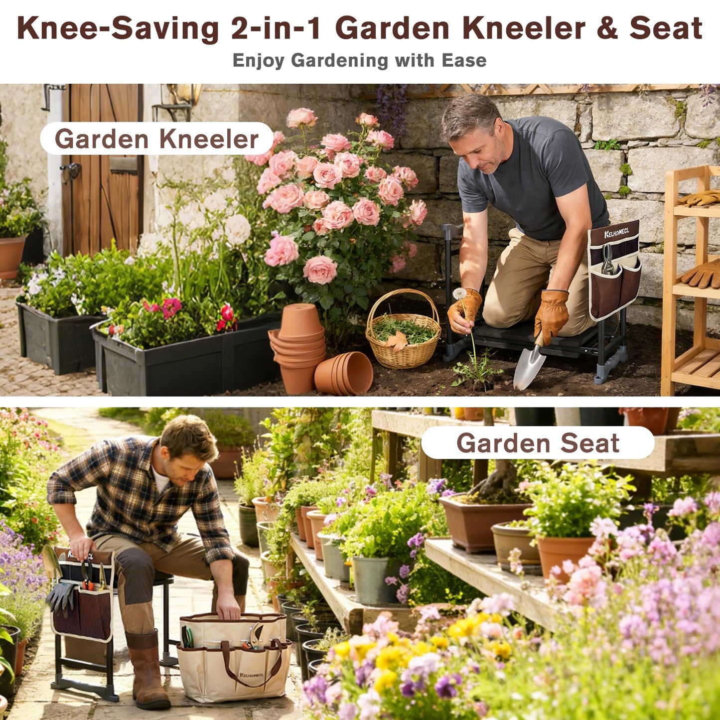 KELHOMECL Garden Kneeler and Seat, Extra Wide Thick EVA Pad, Heavy Duty Foldable Garden Bench Holds 350lbs, Ergonomic Kneeling Stool with Garden Tool Pouches, Gardening Gifts for Women, Men, Seniors