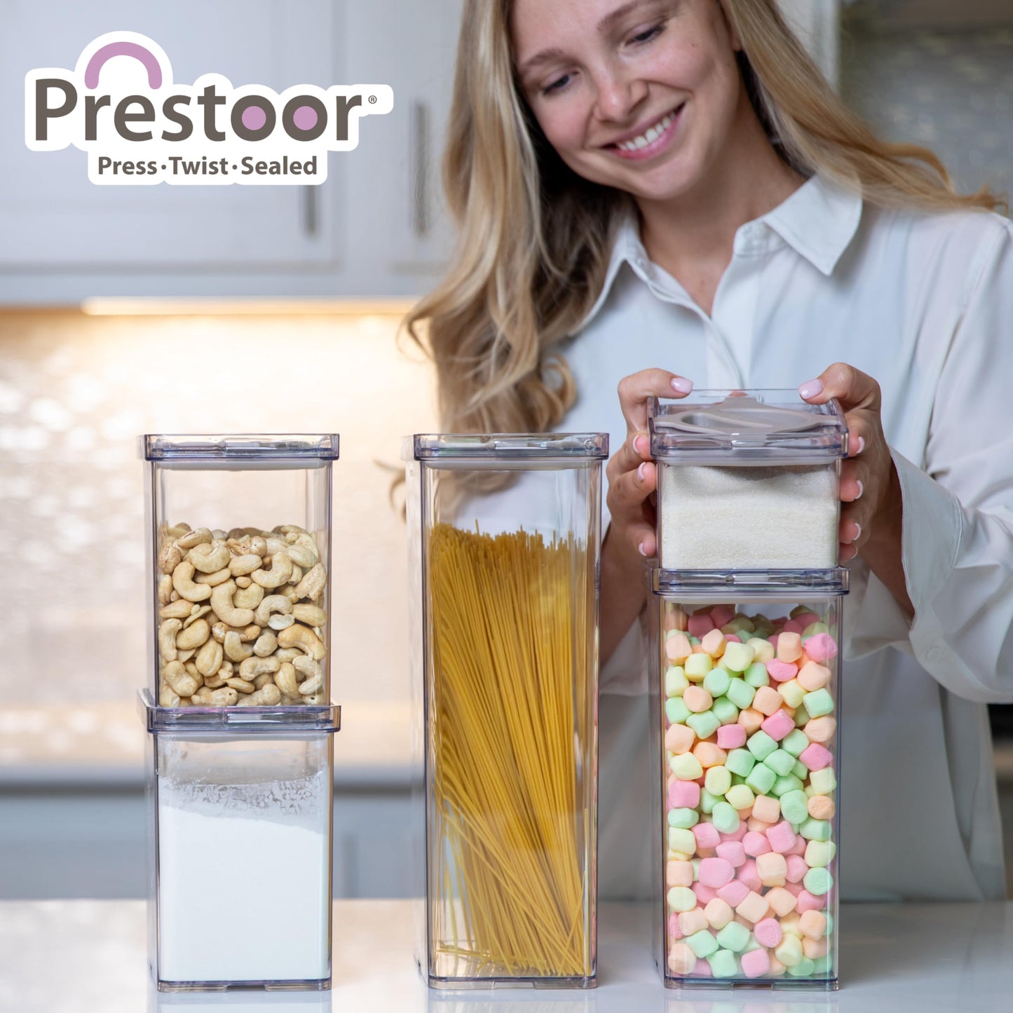 Prestoor 4-Pack Small Pantry Containers, 0.8 QT/0.76 L Clear SAN Food Storage Canisters with Twist-Lock Lids, Stackable for Sugar, Tea Bags, Seasoning, Nuts, Snacks(Sand)